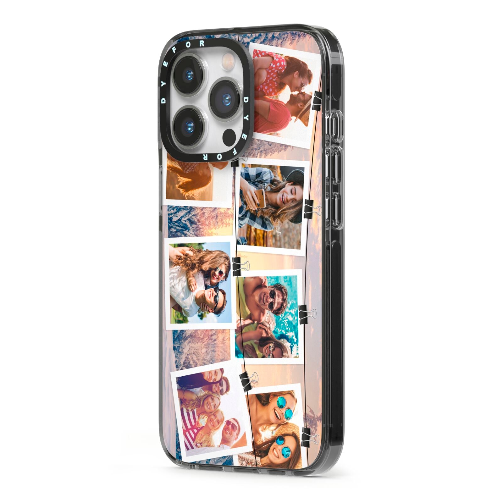 Photo Upload Montage iPhone 13 Pro Black Impact Case Side Angle on Silver phone