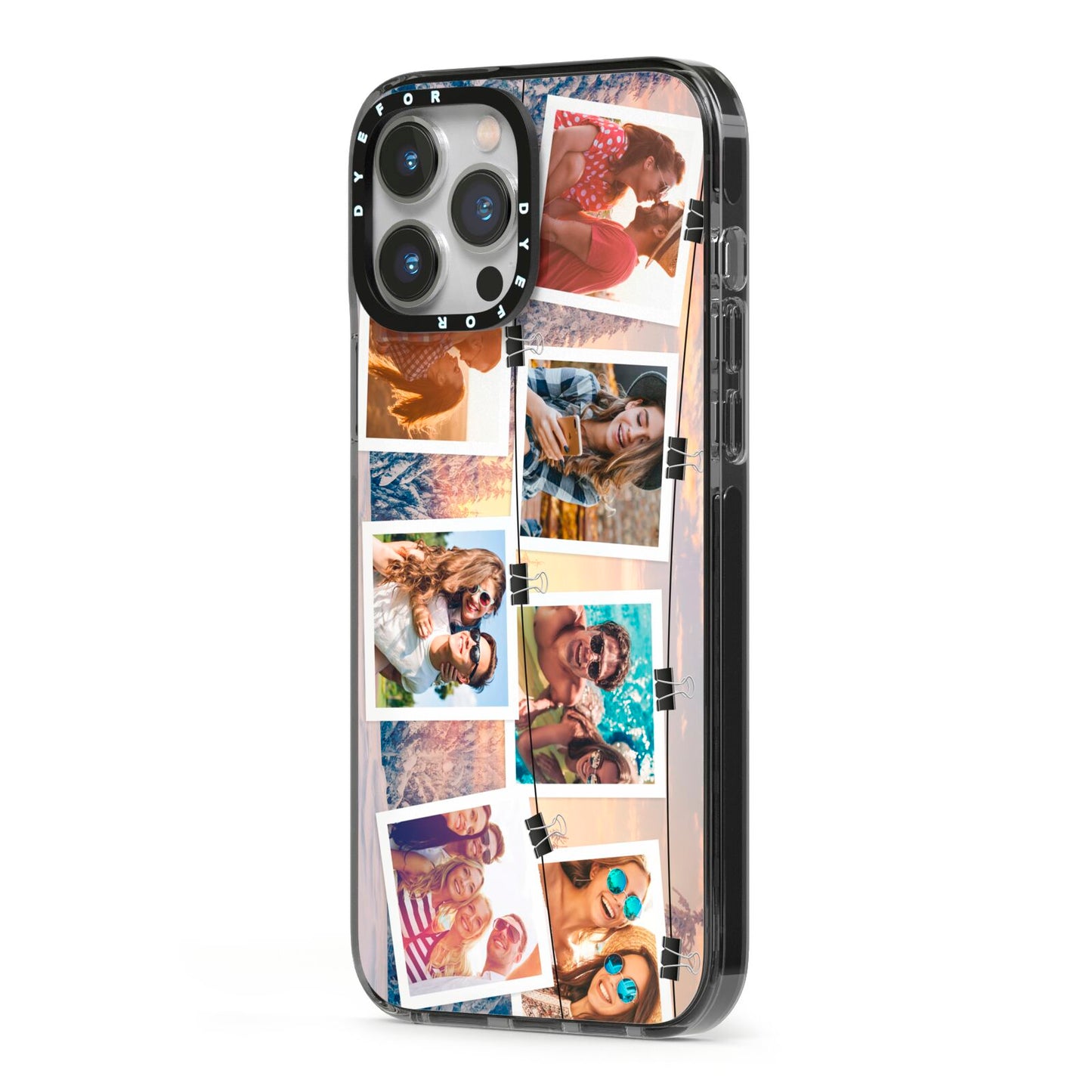 Photo Upload Montage iPhone 13 Pro Max Black Impact Case Side Angle on Silver phone