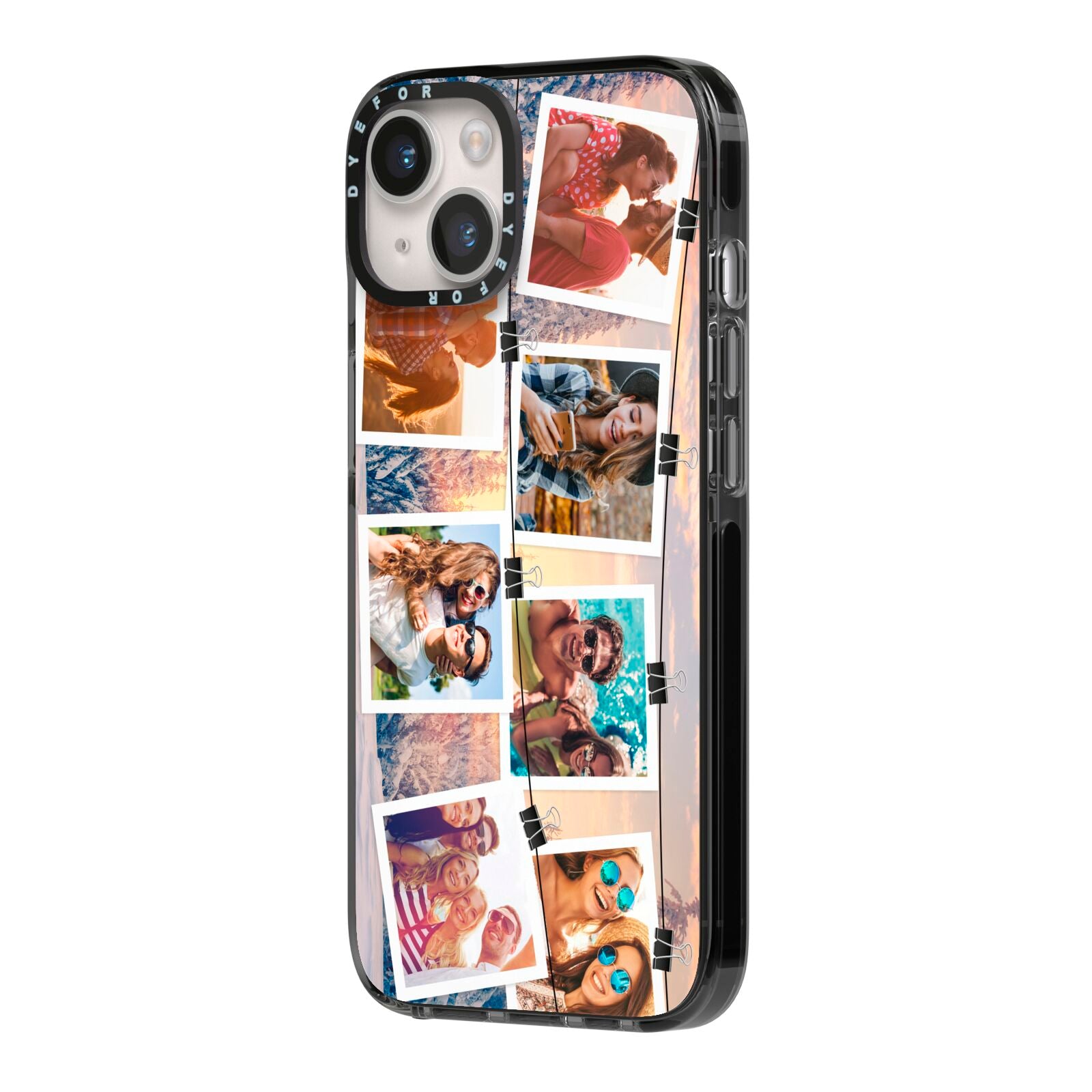 Photo Upload Montage iPhone 14 Black Impact Case Side Angle on Silver phone