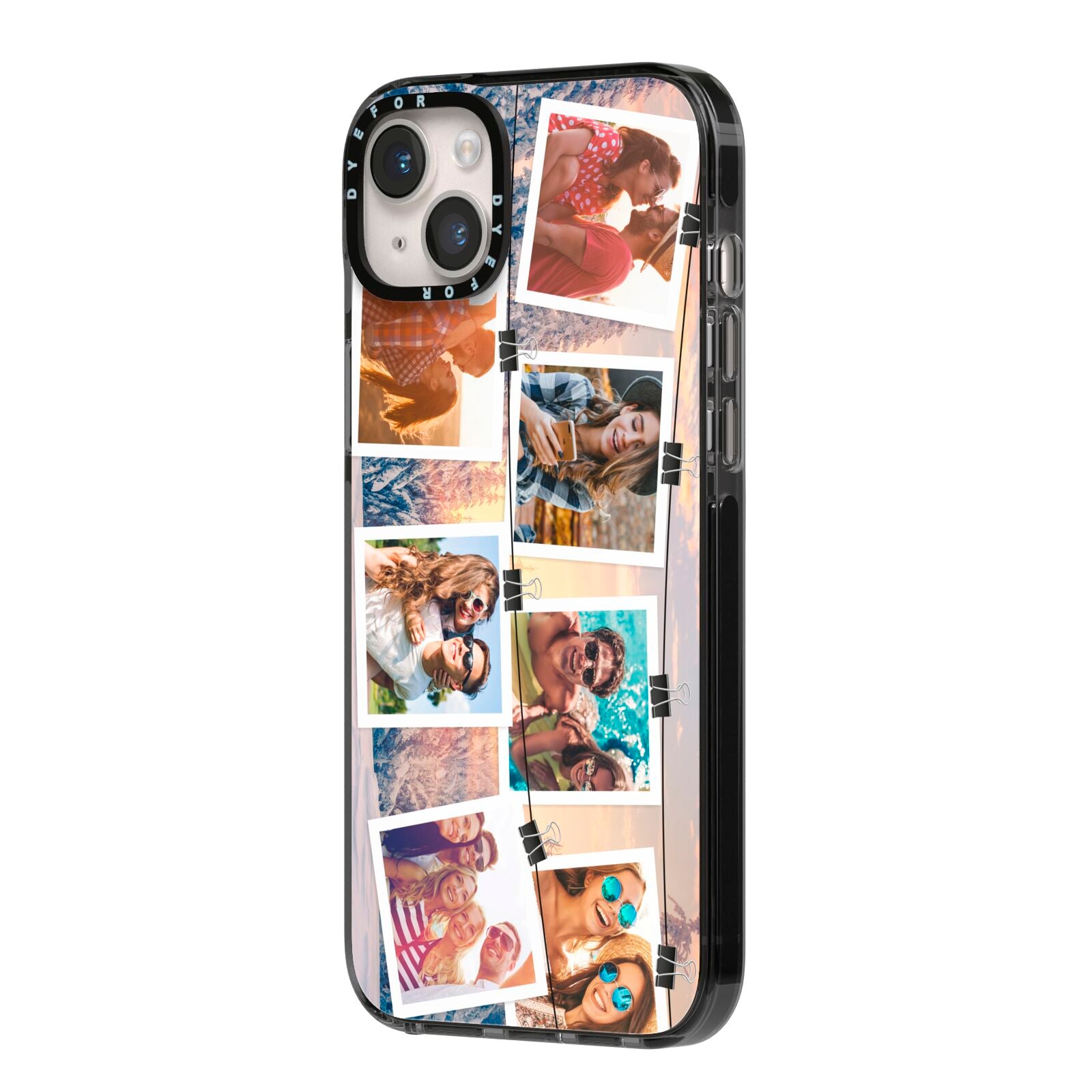 Photo Upload Montage iPhone 14 Plus Black Impact Case Side Angle on Silver phone