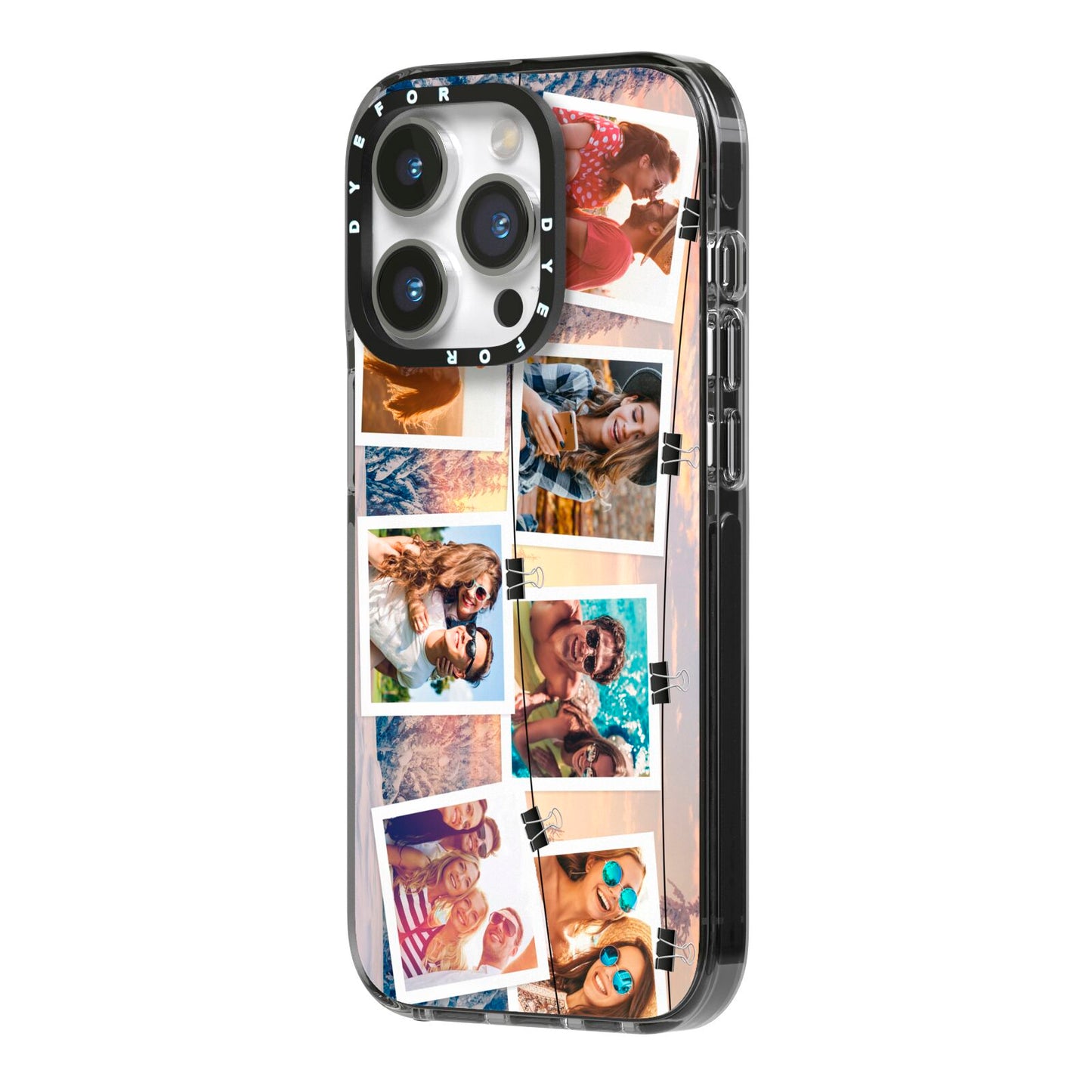 Photo Upload Montage iPhone 14 Pro Black Impact Case Side Angle on Silver phone