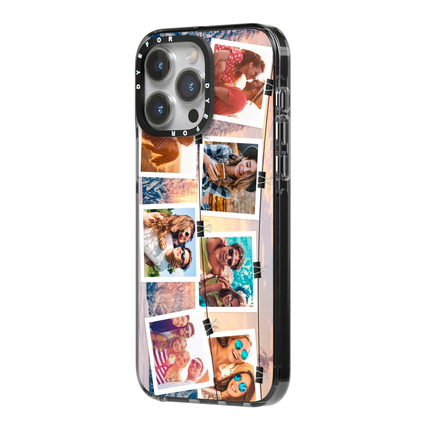 Photo Upload Montage iPhone 14 Pro Max Black Impact Case Side Angle on Silver phone