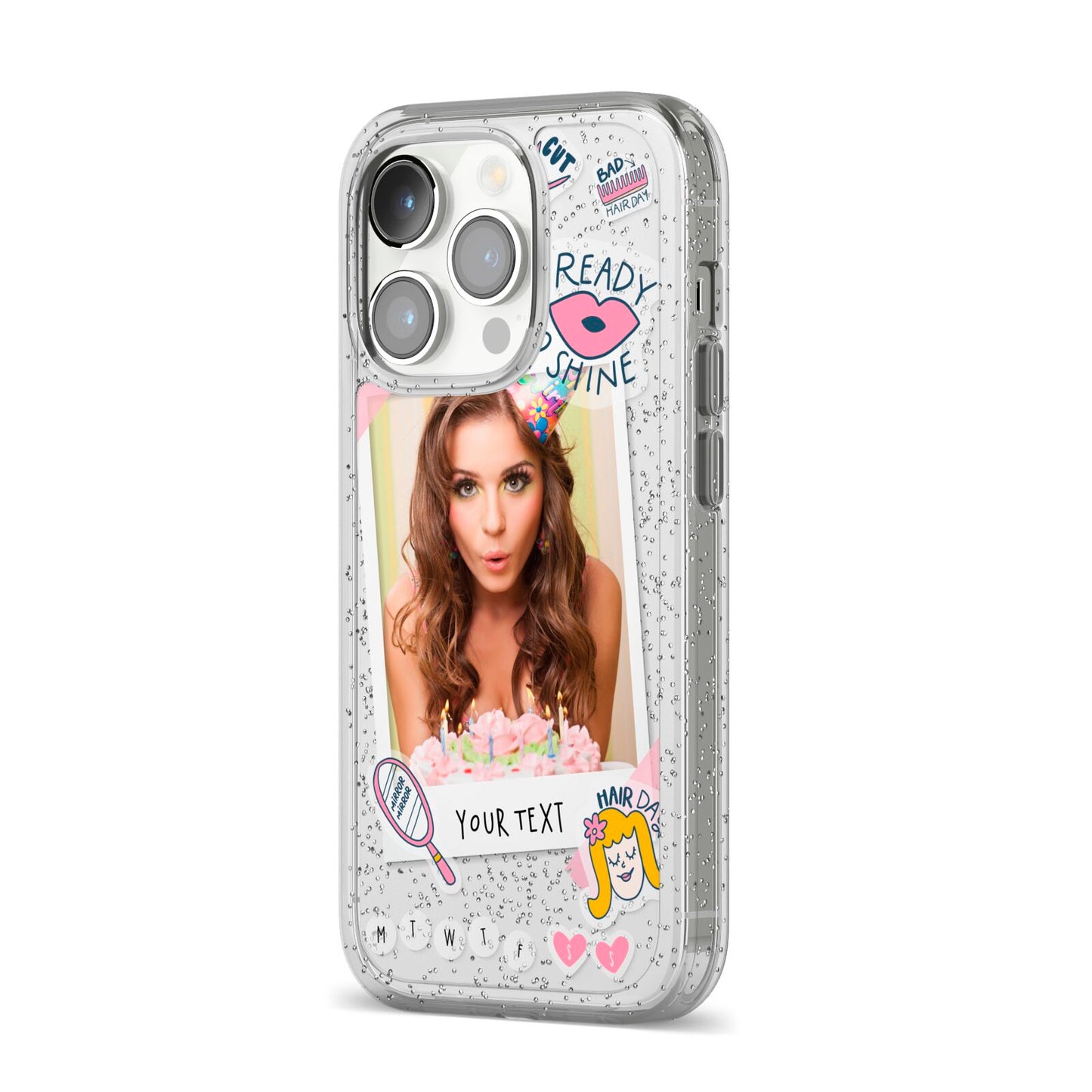 Photo Upload with Text iPhone 14 Pro Glitter Tough Case Silver Angled Image
