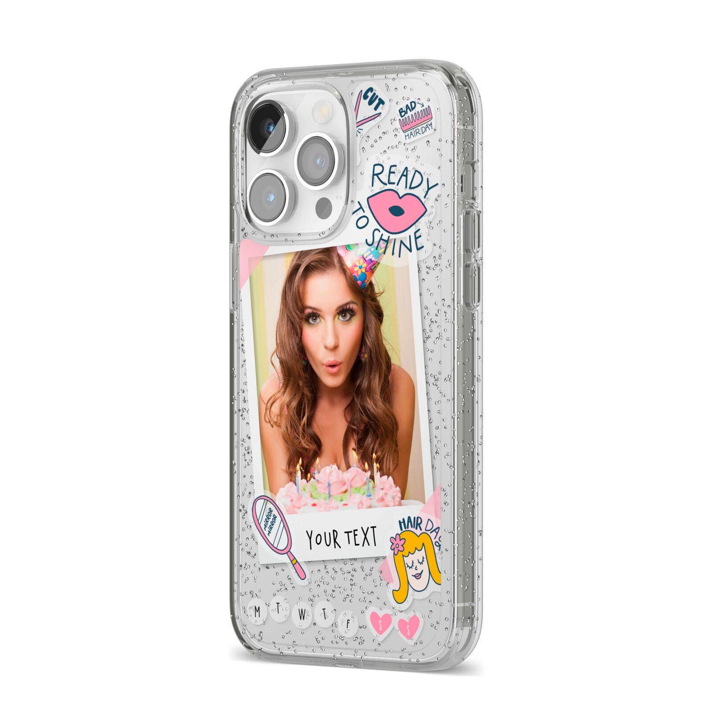 Photo Upload with Text iPhone 14 Pro Max Glitter Tough Case Silver Angled Image