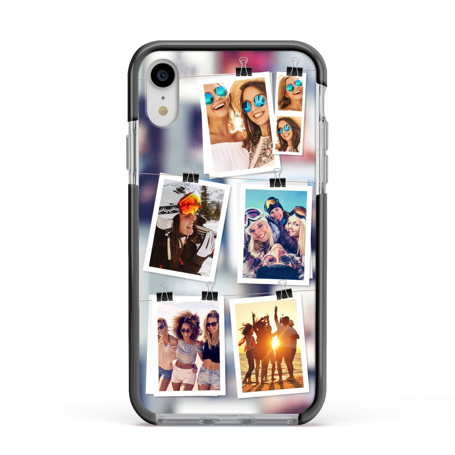 Photo Wall Montage Upload Apple iPhone XR Impact Case Black Edge on Silver Phone