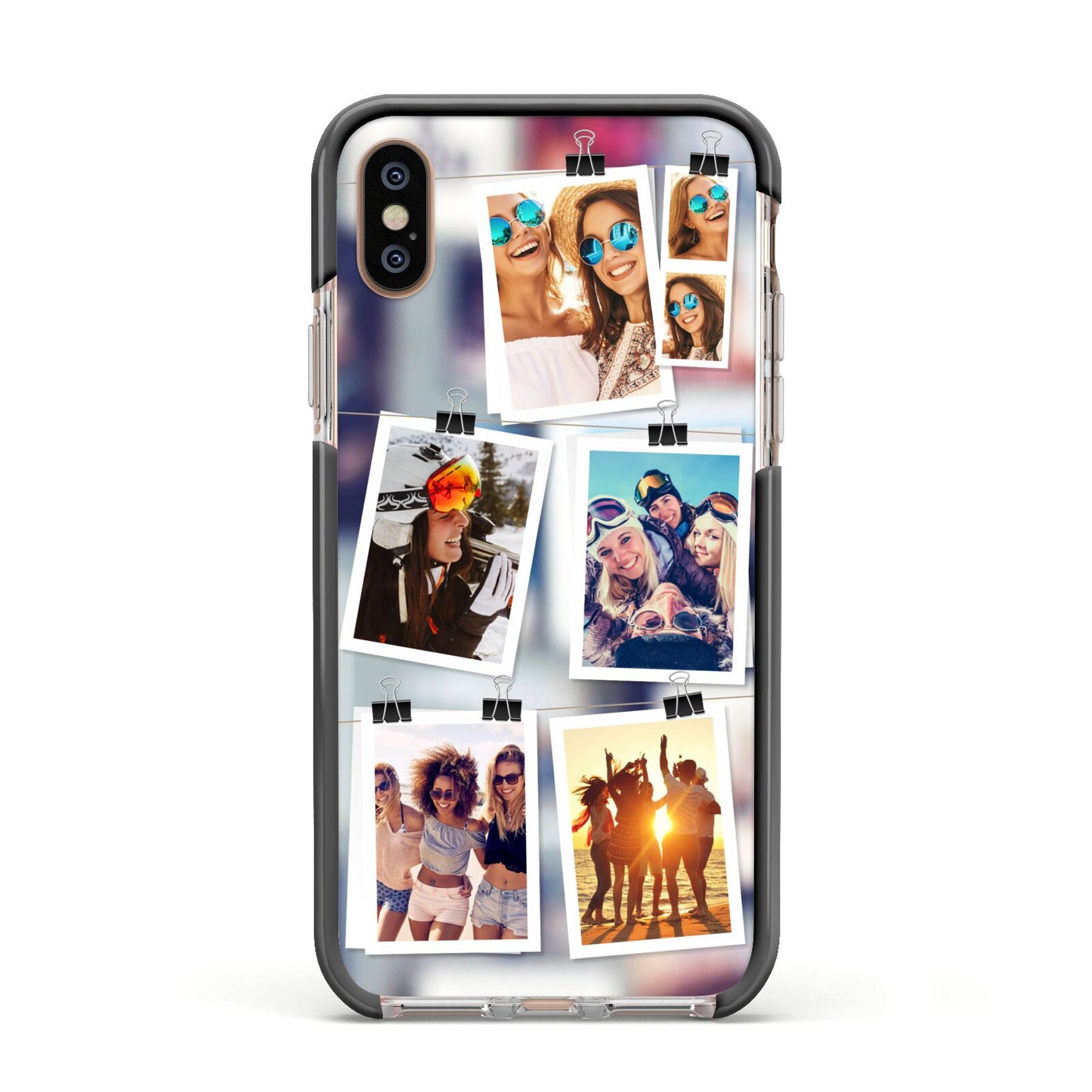 Photo Wall Montage Upload Apple iPhone Xs Impact Case Black Edge on Gold Phone