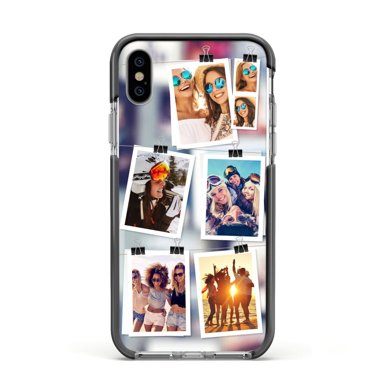 Photo Wall Montage Upload Apple iPhone Xs Impact Case Black Edge on Silver Phone