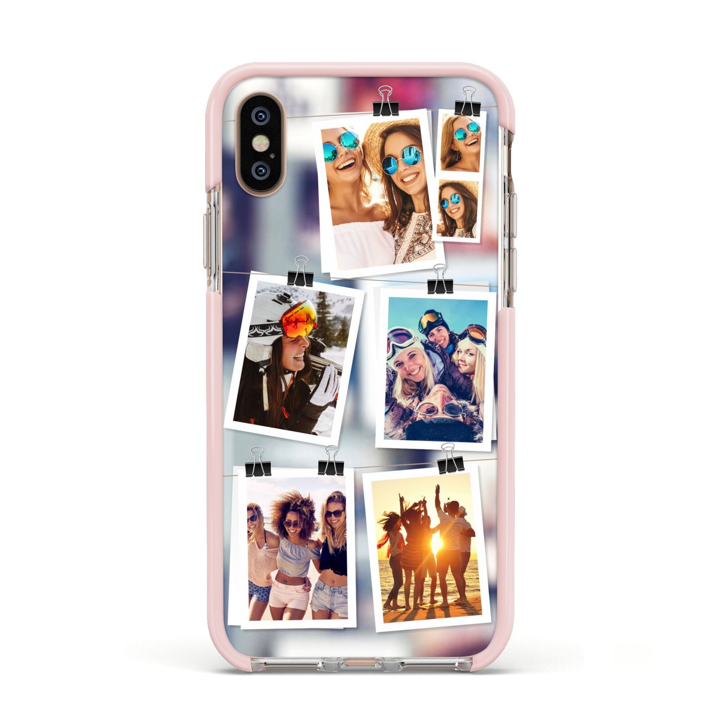 Photo Wall Montage Upload Apple iPhone Xs Impact Case Pink Edge on Gold Phone