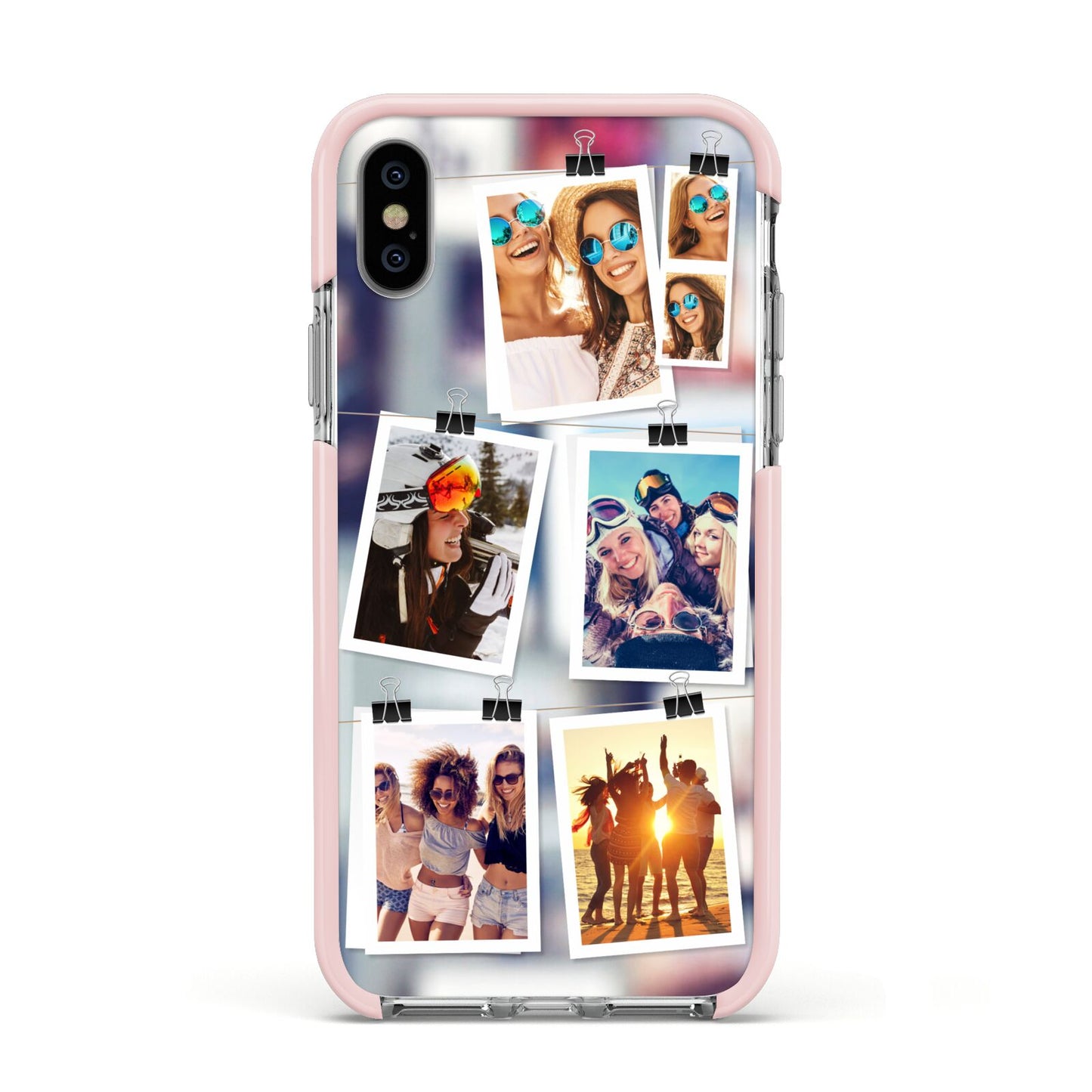 Photo Wall Montage Upload Apple iPhone Xs Impact Case Pink Edge on Silver Phone