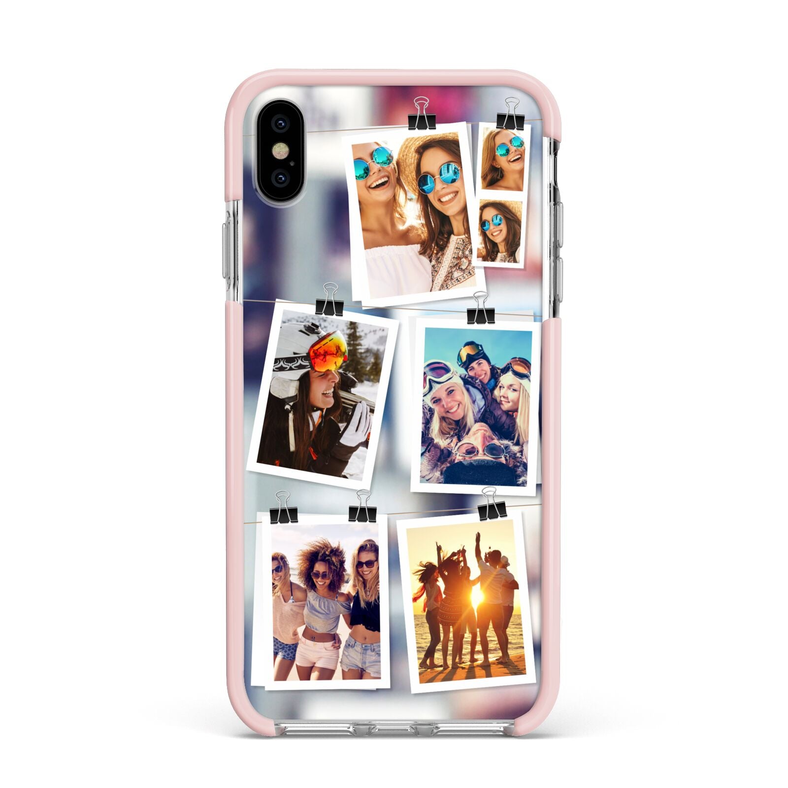 Photo Wall Montage Upload Apple iPhone Xs Max Impact Case Pink Edge on Silver Phone