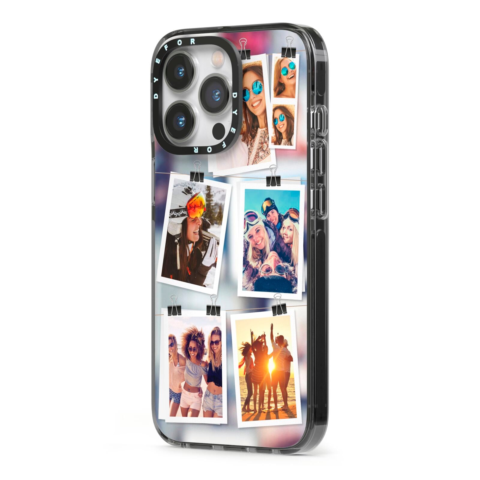 Photo Wall Montage Upload iPhone 13 Pro Black Impact Case Side Angle on Silver phone