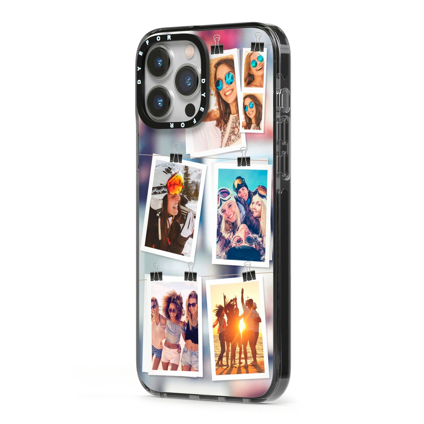 Photo Wall Montage Upload iPhone 13 Pro Max Black Impact Case Side Angle on Silver phone