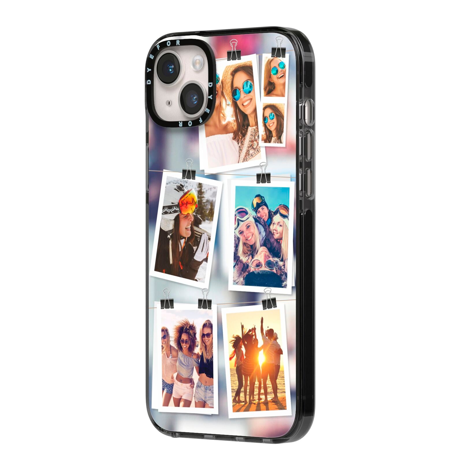 Photo Wall Montage Upload iPhone 14 Plus Black Impact Case Side Angle on Silver phone