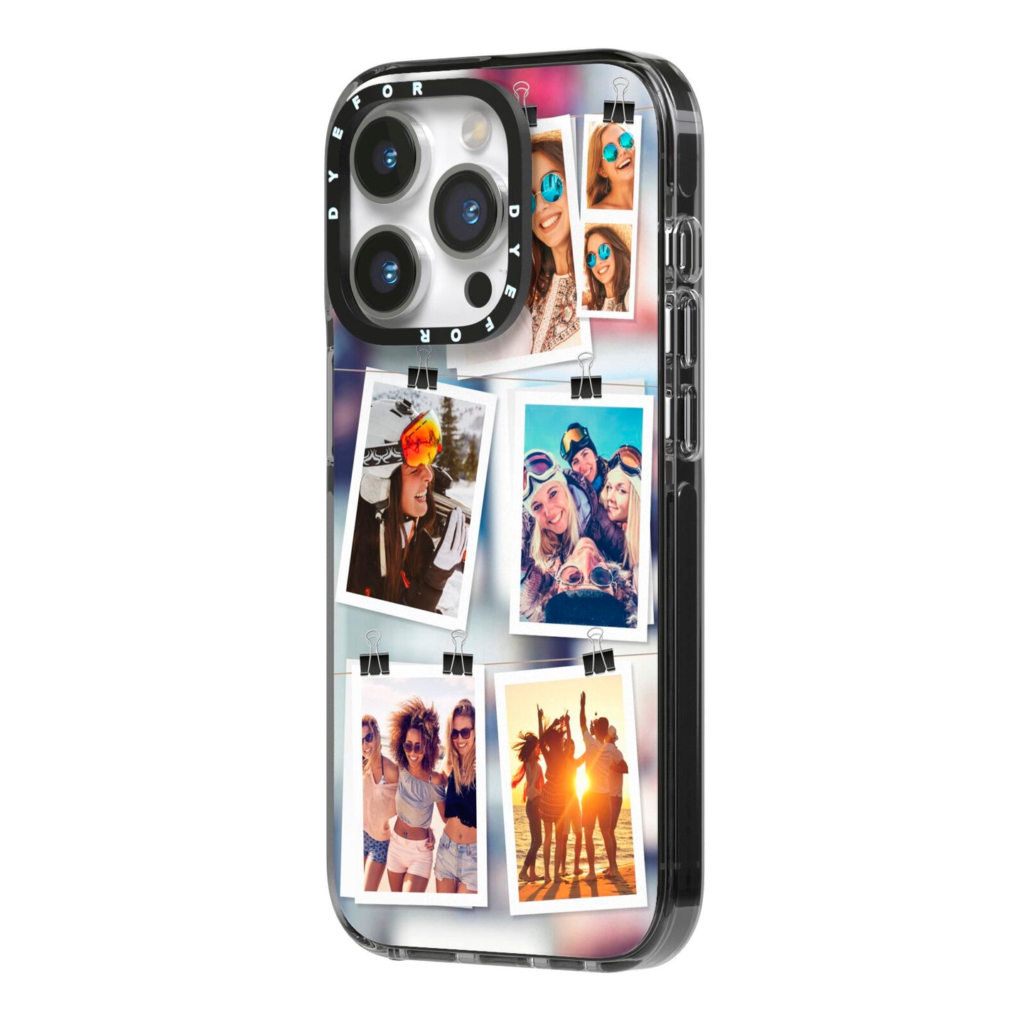 Photo Wall Montage Upload iPhone 14 Pro Black Impact Case Side Angle on Silver phone