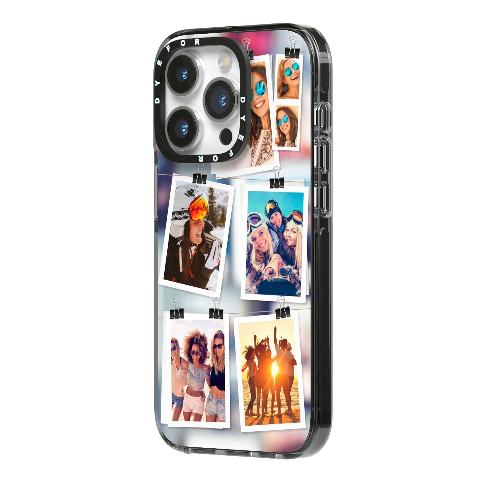 Photo Wall Montage Upload iPhone 14 Pro Black Impact Case Side Angle on Silver phone