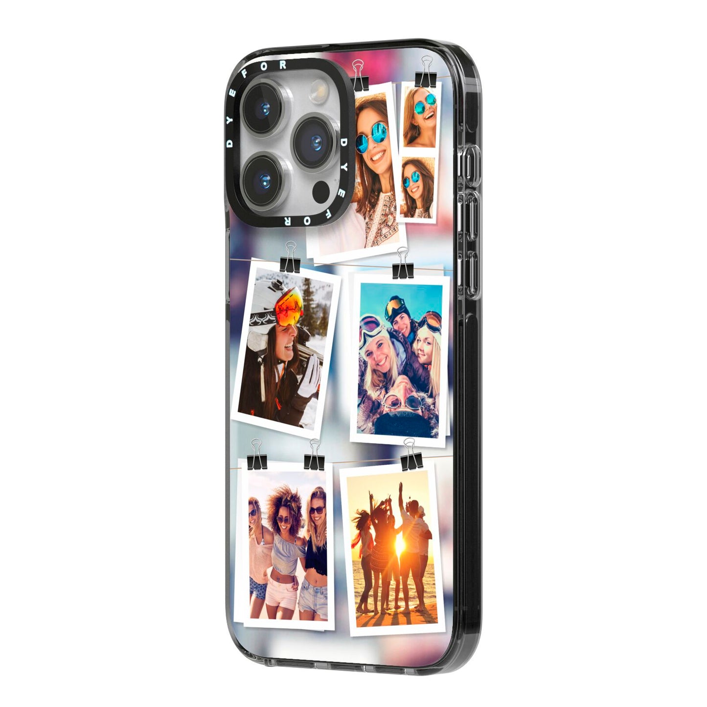 Photo Wall Montage Upload iPhone 14 Pro Max Black Impact Case Side Angle on Silver phone