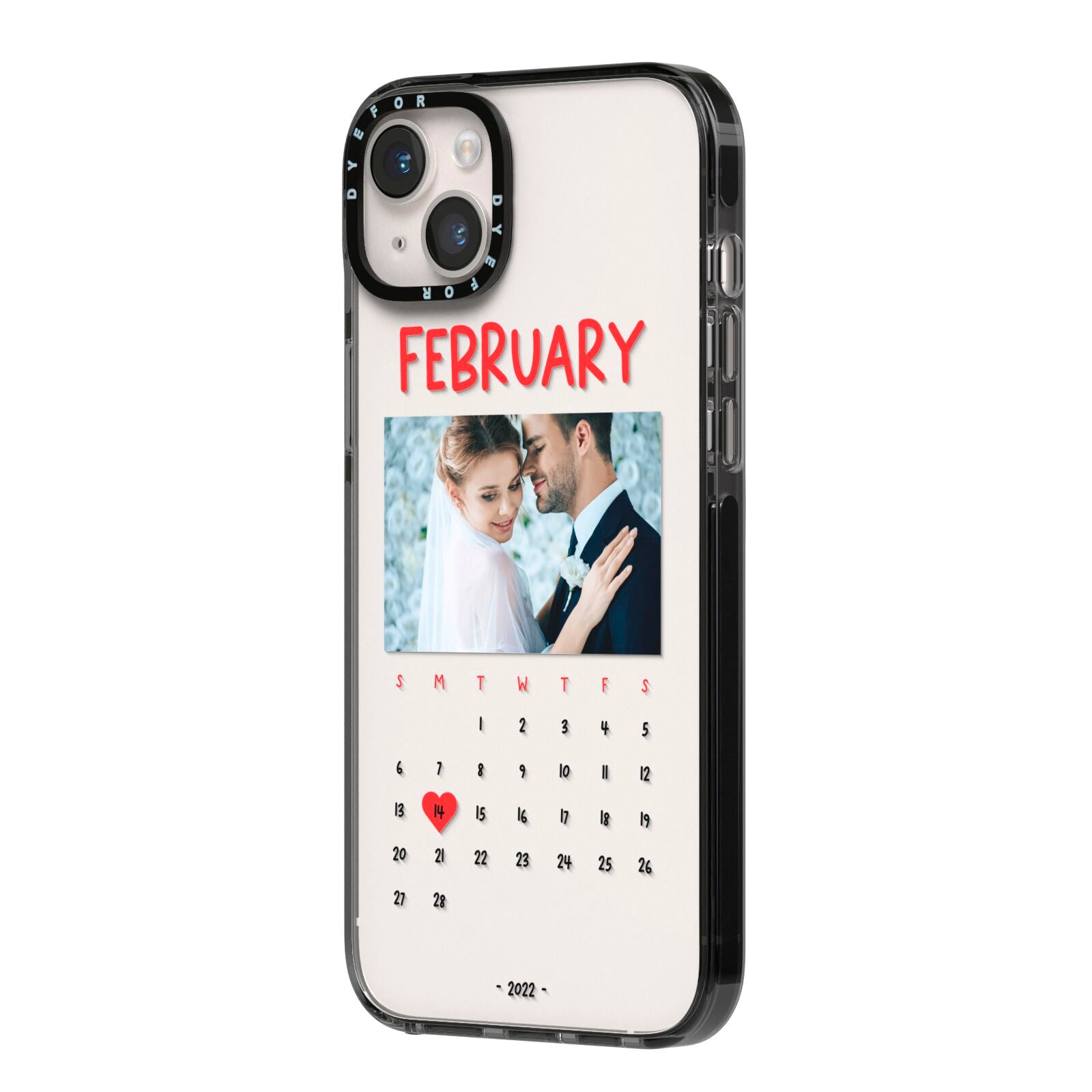 Photo Wedding Anniversary iPhone 14 Plus Black Impact Case Side Angle on Silver phone