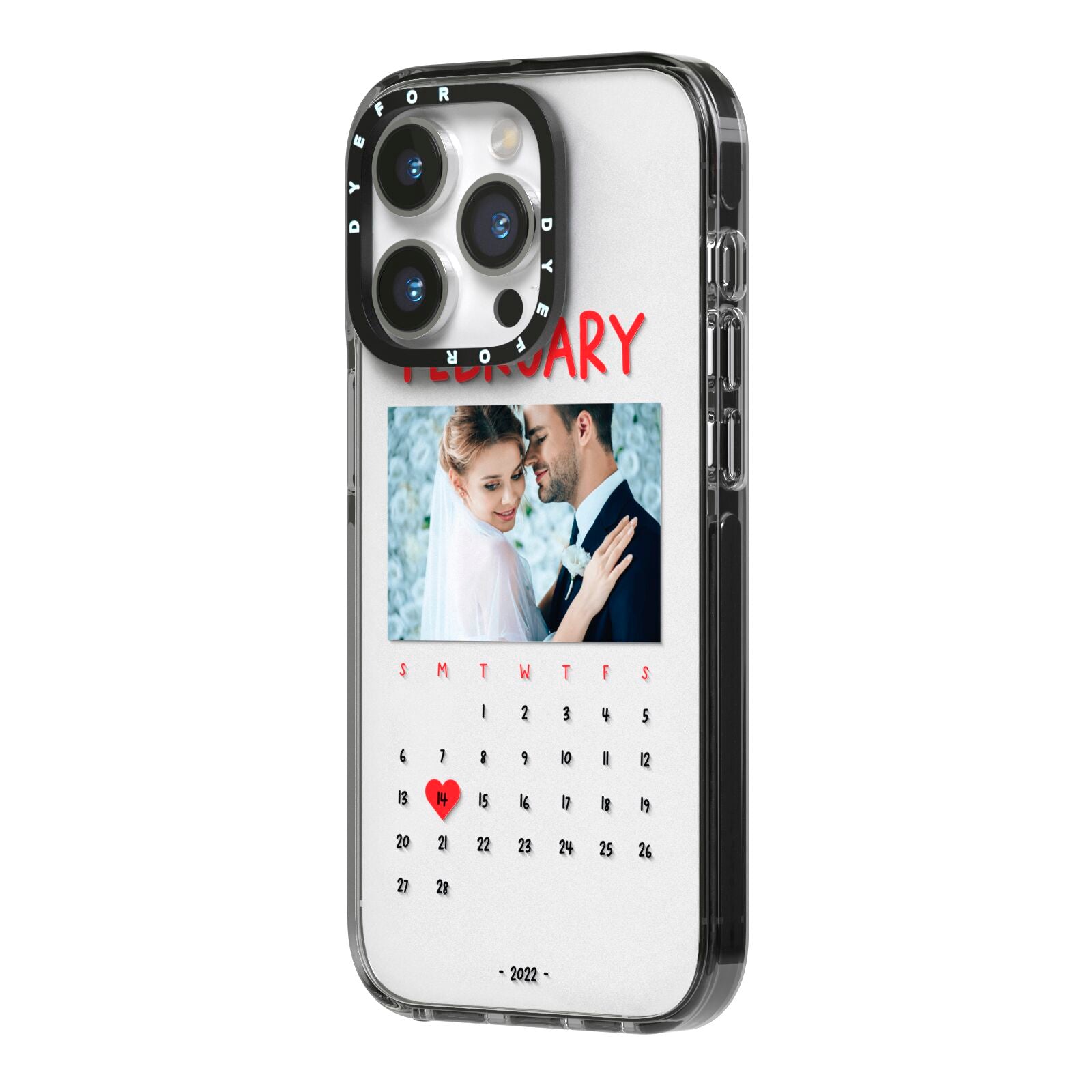 Photo Wedding Anniversary iPhone 14 Pro Black Impact Case Side Angle on Silver phone