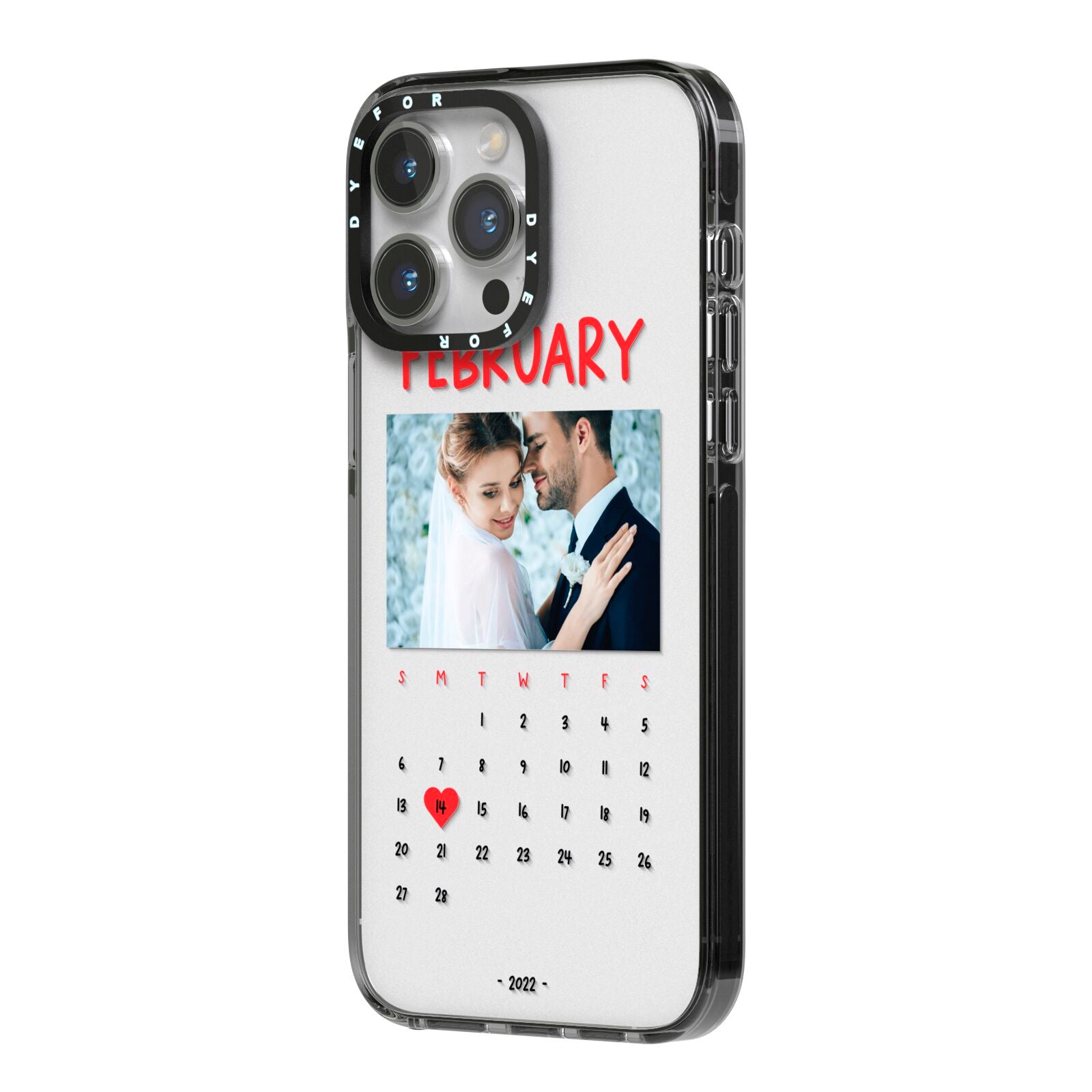 Photo Wedding Anniversary iPhone 14 Pro Max Black Impact Case Side Angle on Silver phone