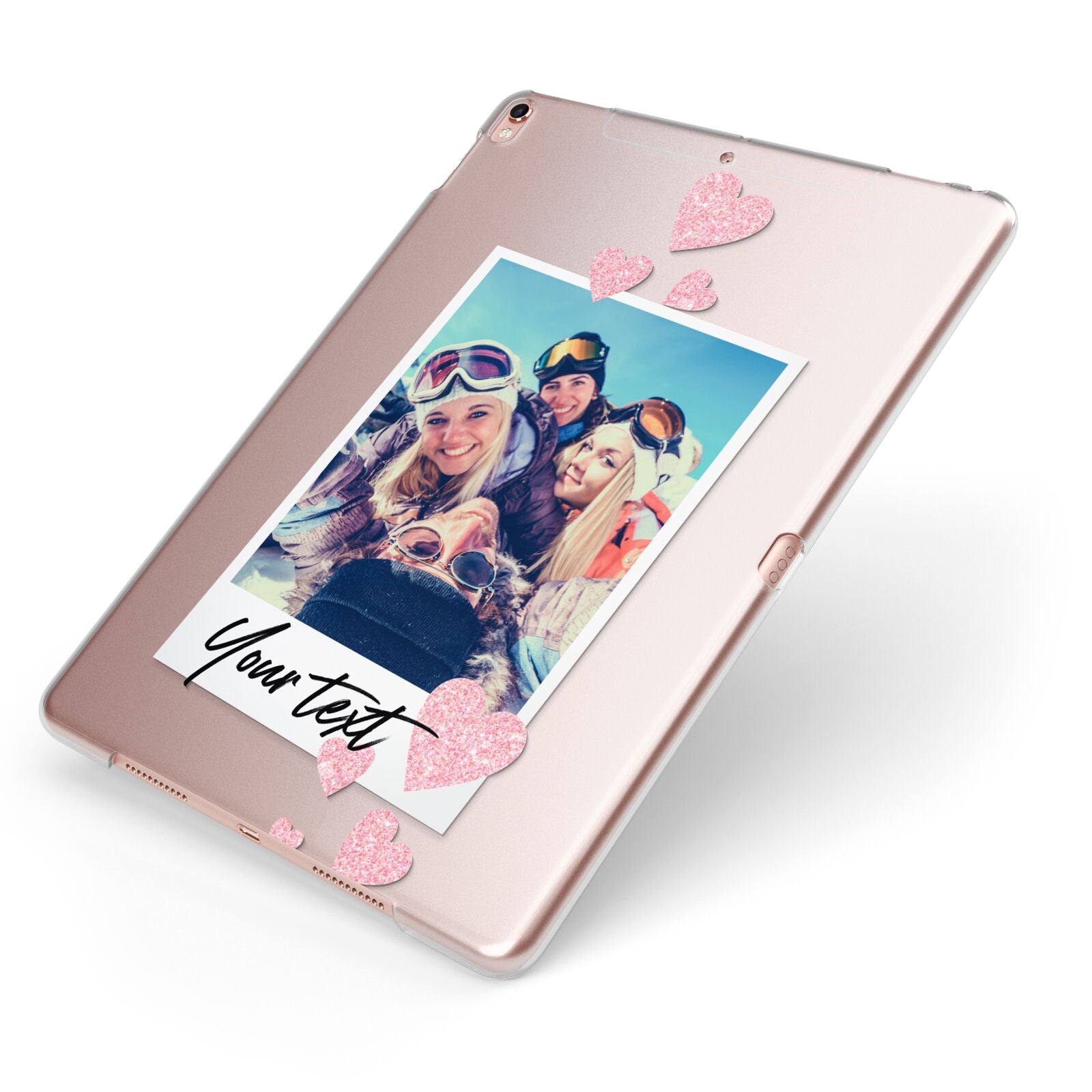 Photo with Text Apple iPad Case on Rose Gold iPad Side View