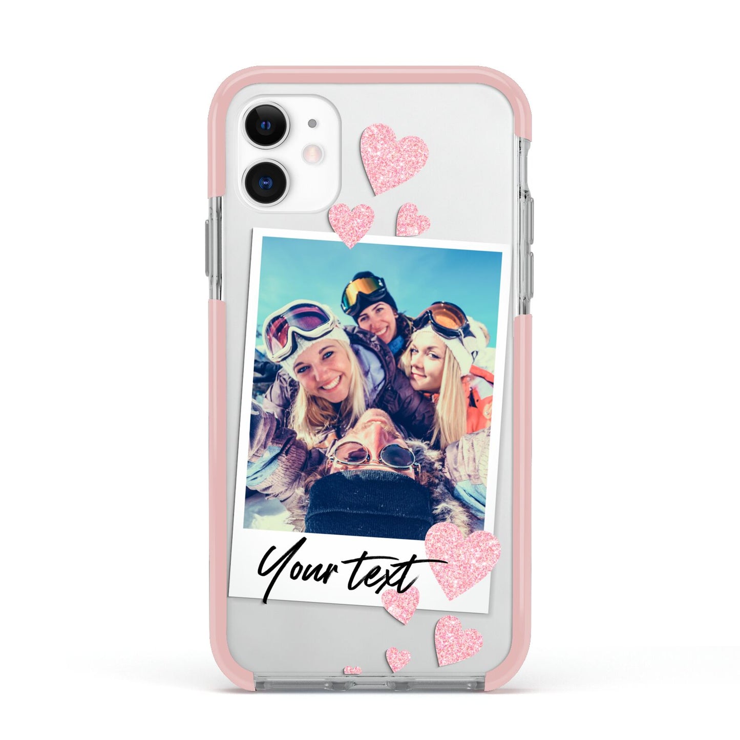 Photo with Text Apple iPhone 11 in White with Pink Impact Case