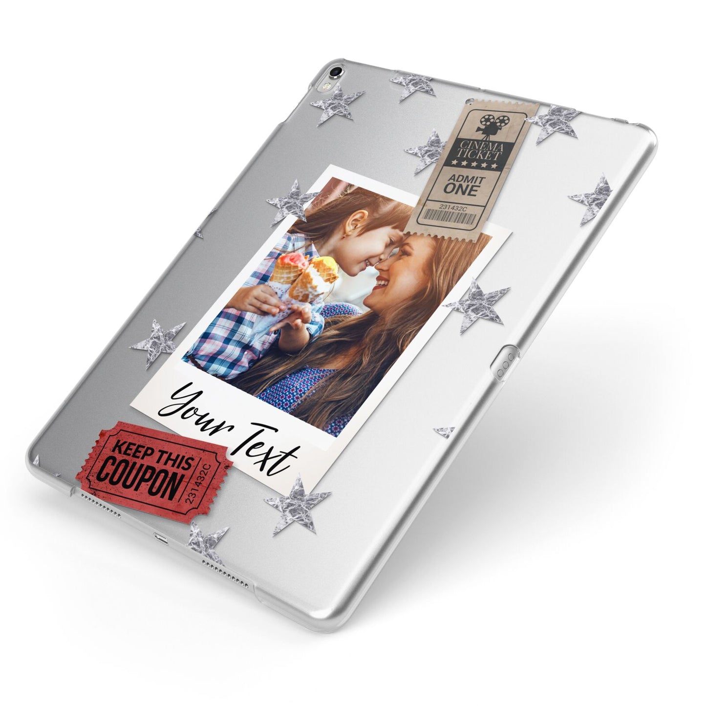 Photo with Text Star Pattern Apple iPad Case on Silver iPad Side View