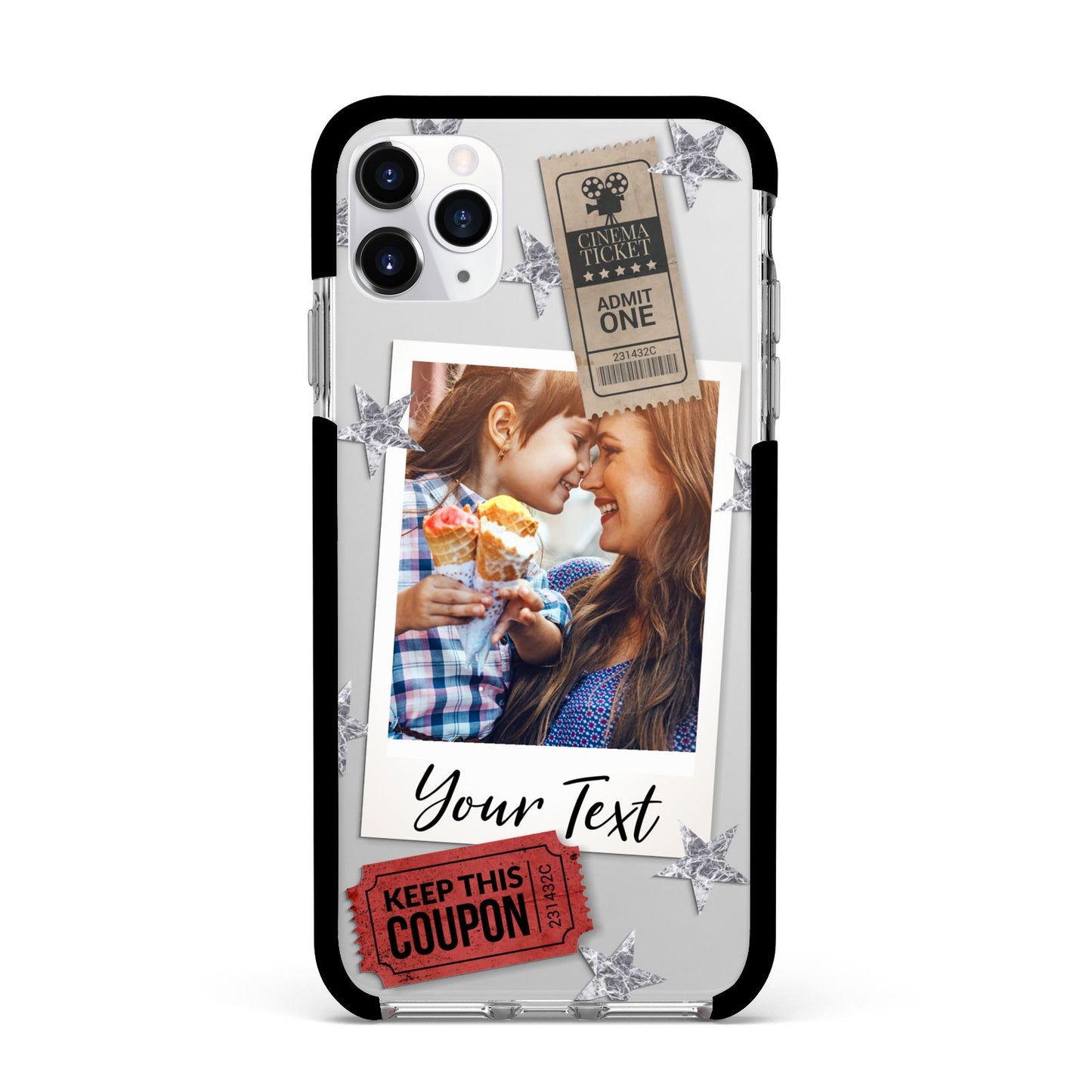 Photo with Text Star Pattern Apple iPhone 11 Pro Max in Silver with Black Impact Case