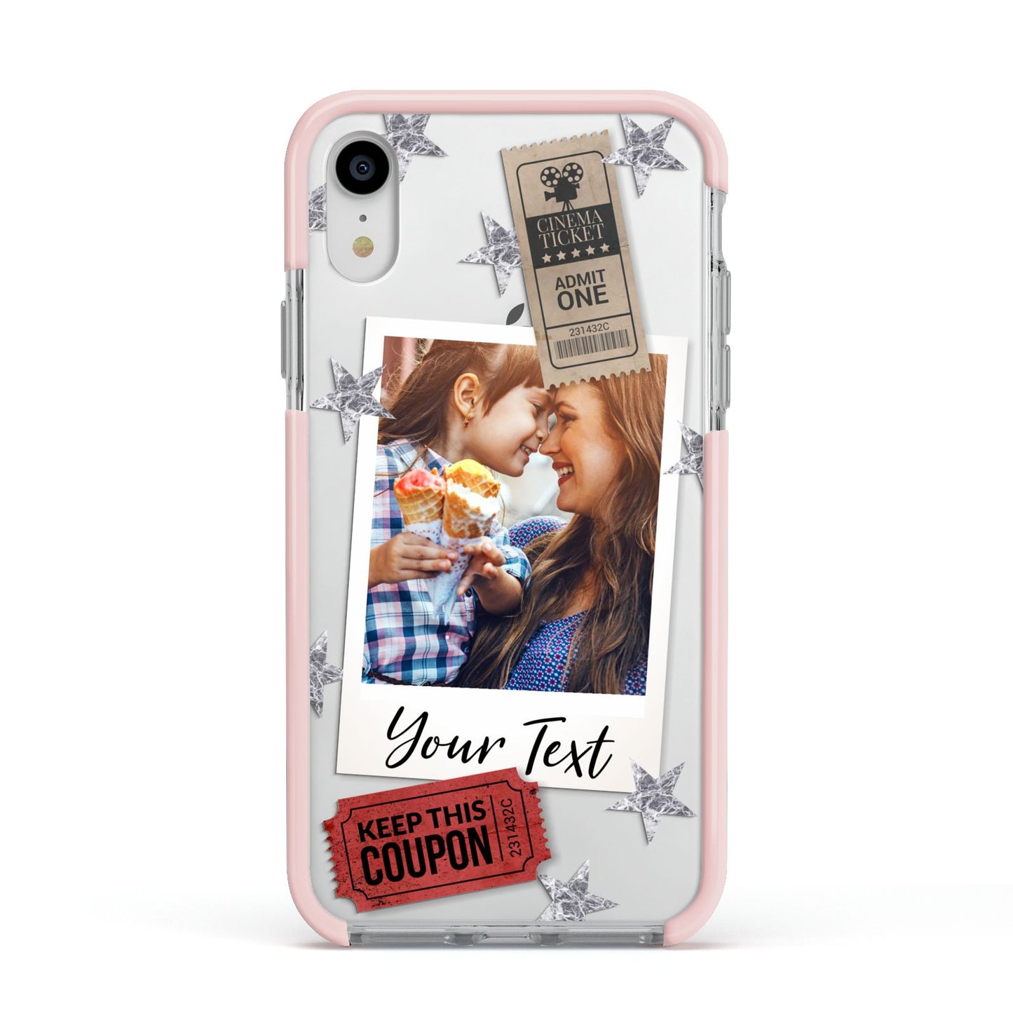 Photo with Text Star Pattern Apple iPhone XR Impact Case Pink Edge on Silver Phone