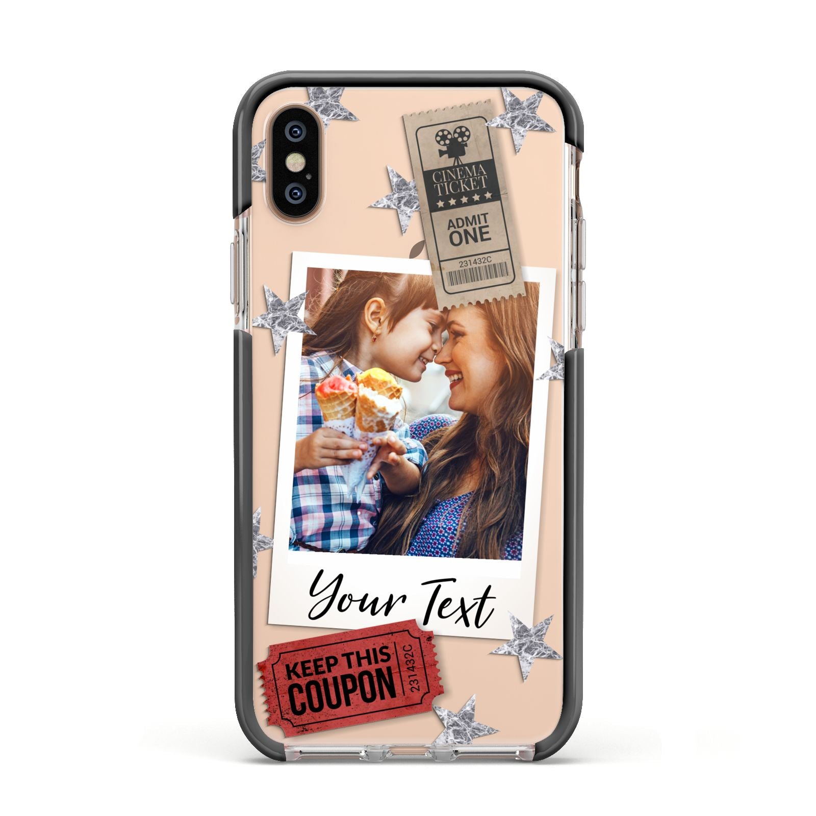 Photo with Text Star Pattern Apple iPhone Xs Impact Case Black Edge on Gold Phone