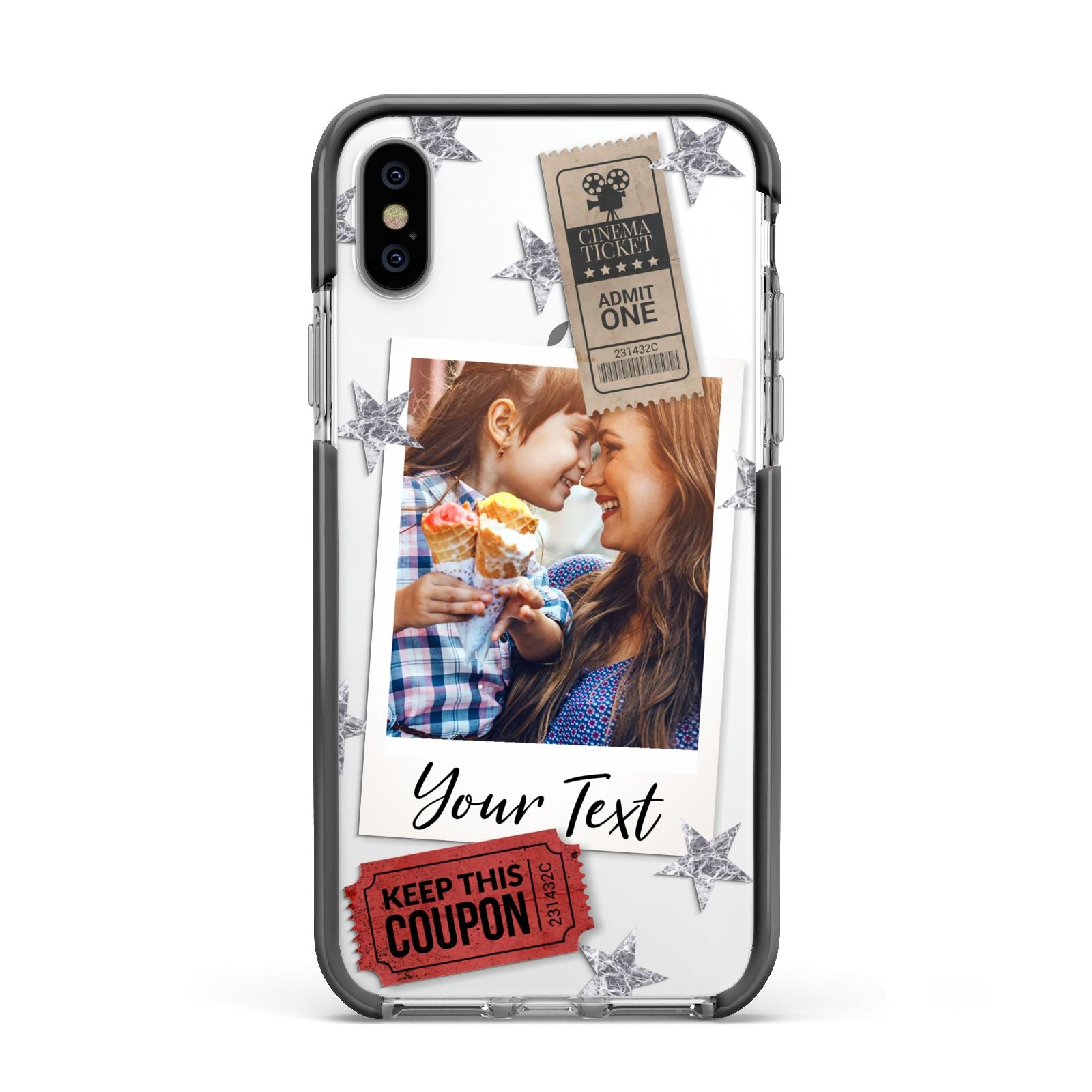 Photo with Text Star Pattern Apple iPhone Xs Impact Case Black Edge on Silver Phone