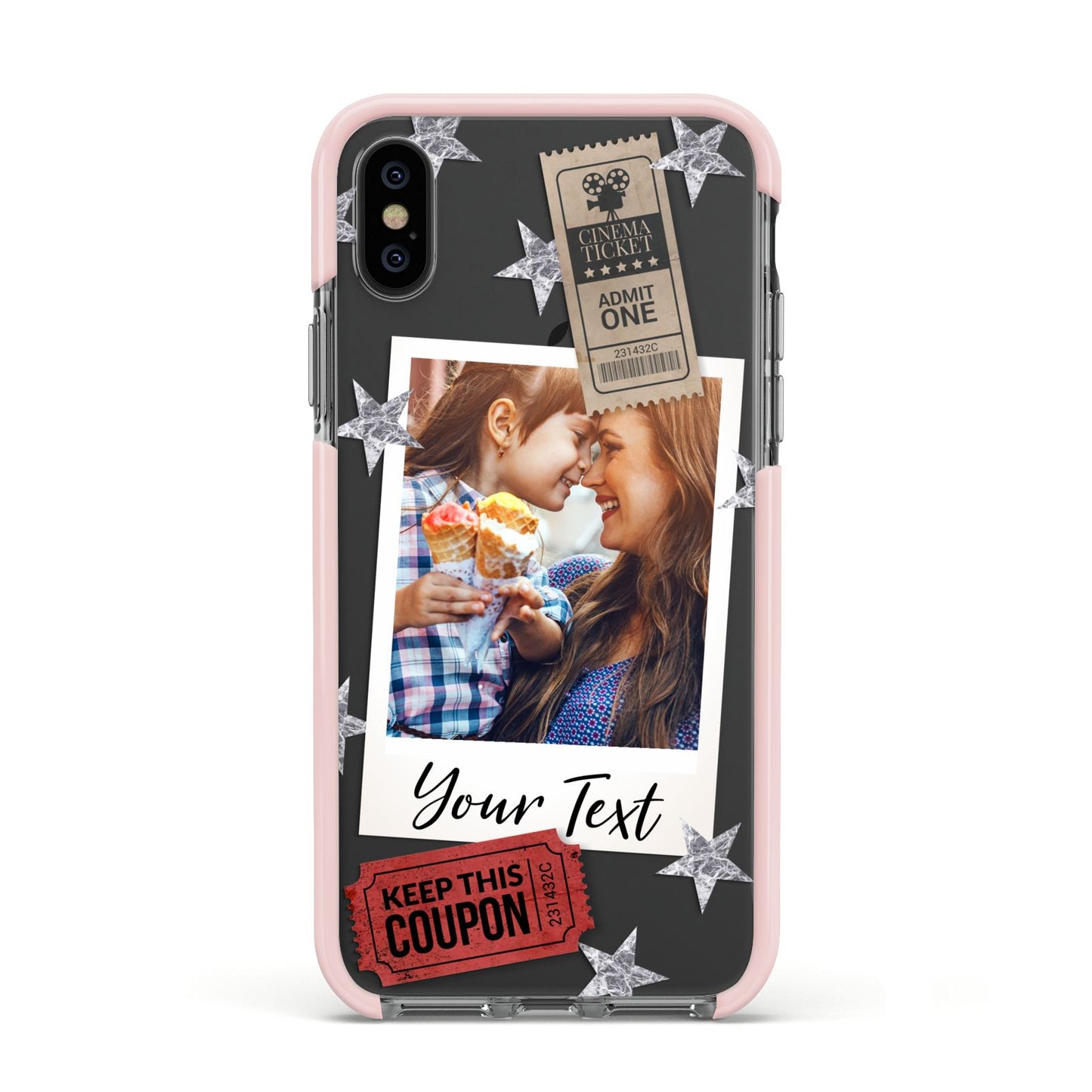 Photo with Text Star Pattern Apple iPhone Xs Impact Case Pink Edge on Black Phone