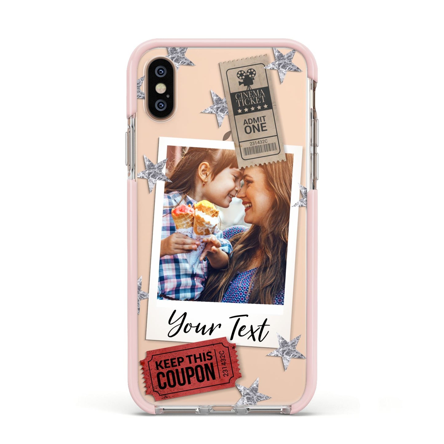 Photo with Text Star Pattern Apple iPhone Xs Impact Case Pink Edge on Gold Phone