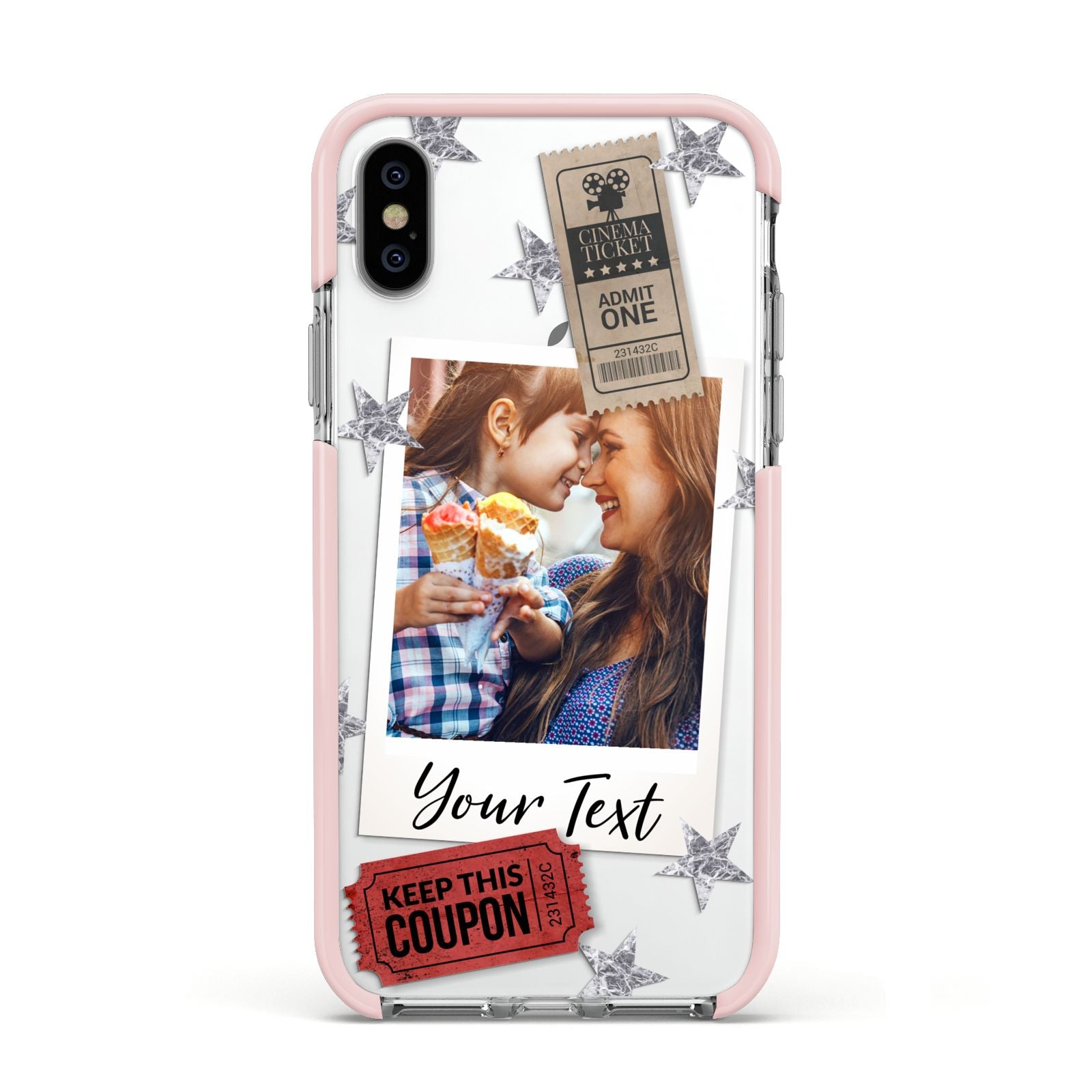 Photo with Text Star Pattern Apple iPhone Xs Impact Case Pink Edge on Silver Phone