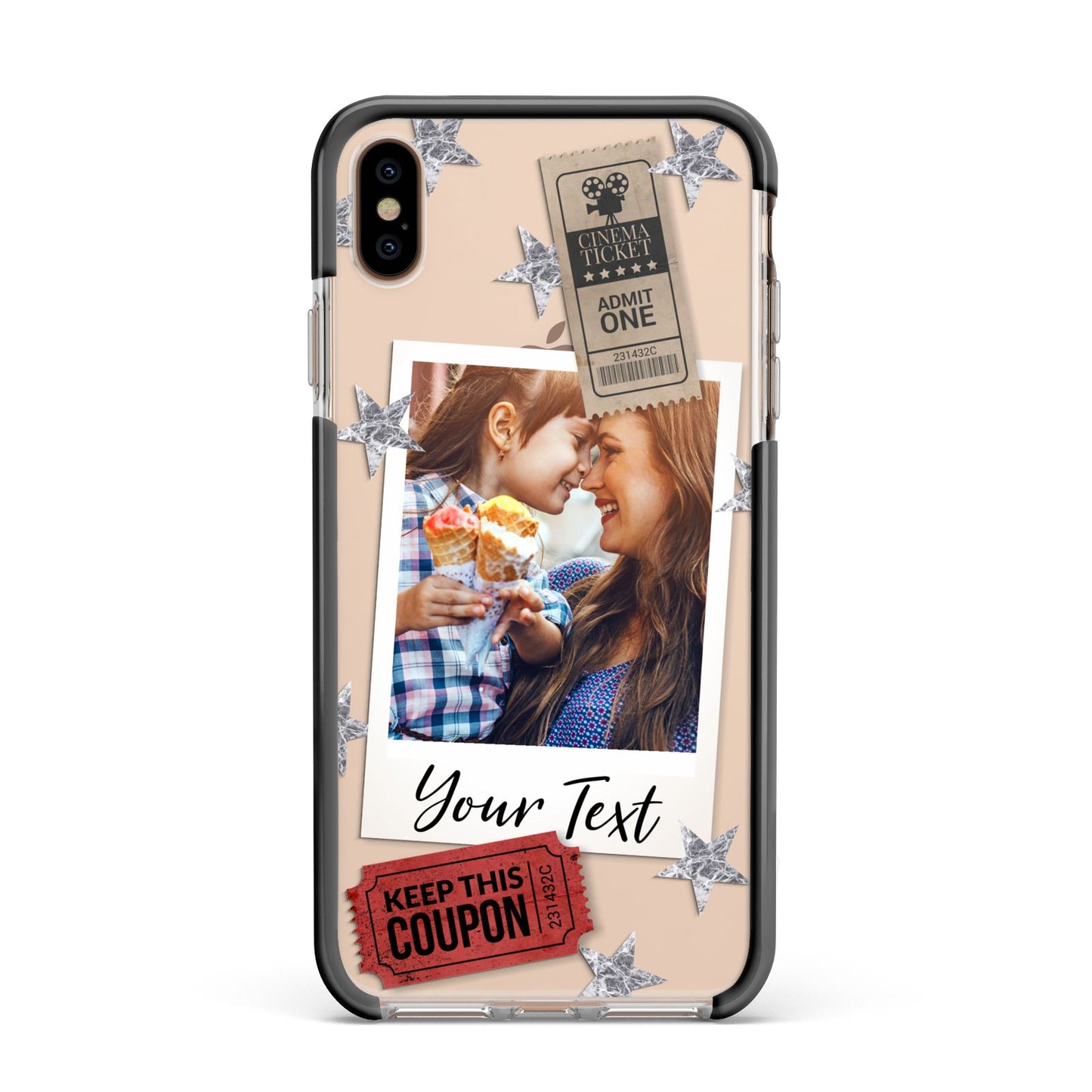 Photo with Text Star Pattern Apple iPhone Xs Max Impact Case Black Edge on Gold Phone