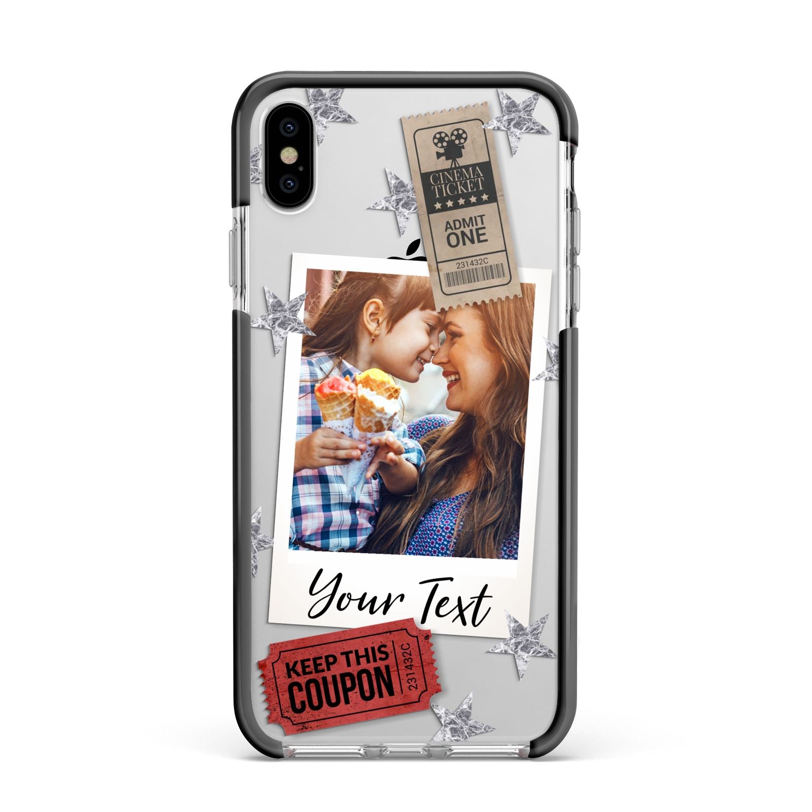 Photo with Text Star Pattern Apple iPhone Xs Max Impact Case Black Edge on Silver Phone