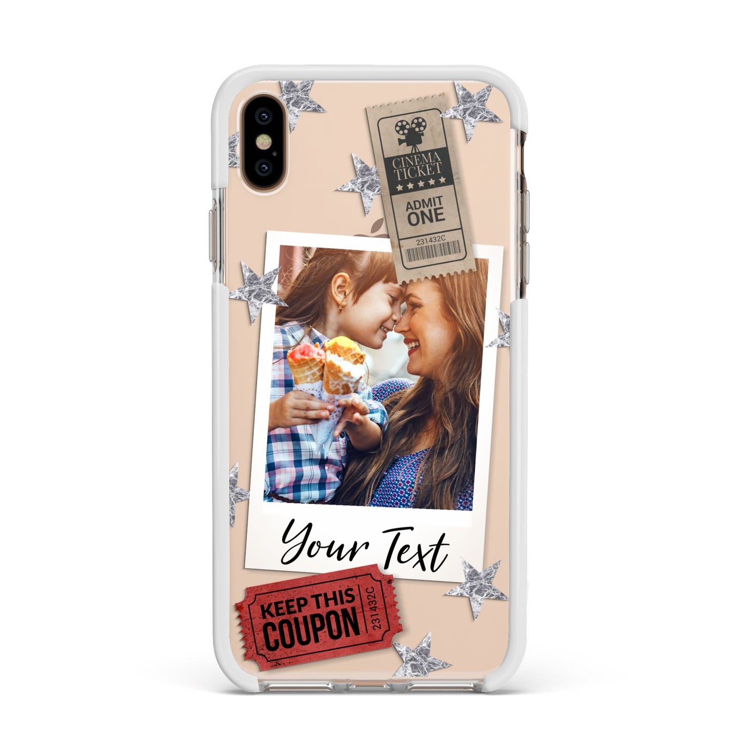 Photo with Text Star Pattern Apple iPhone Xs Max Impact Case White Edge on Gold Phone