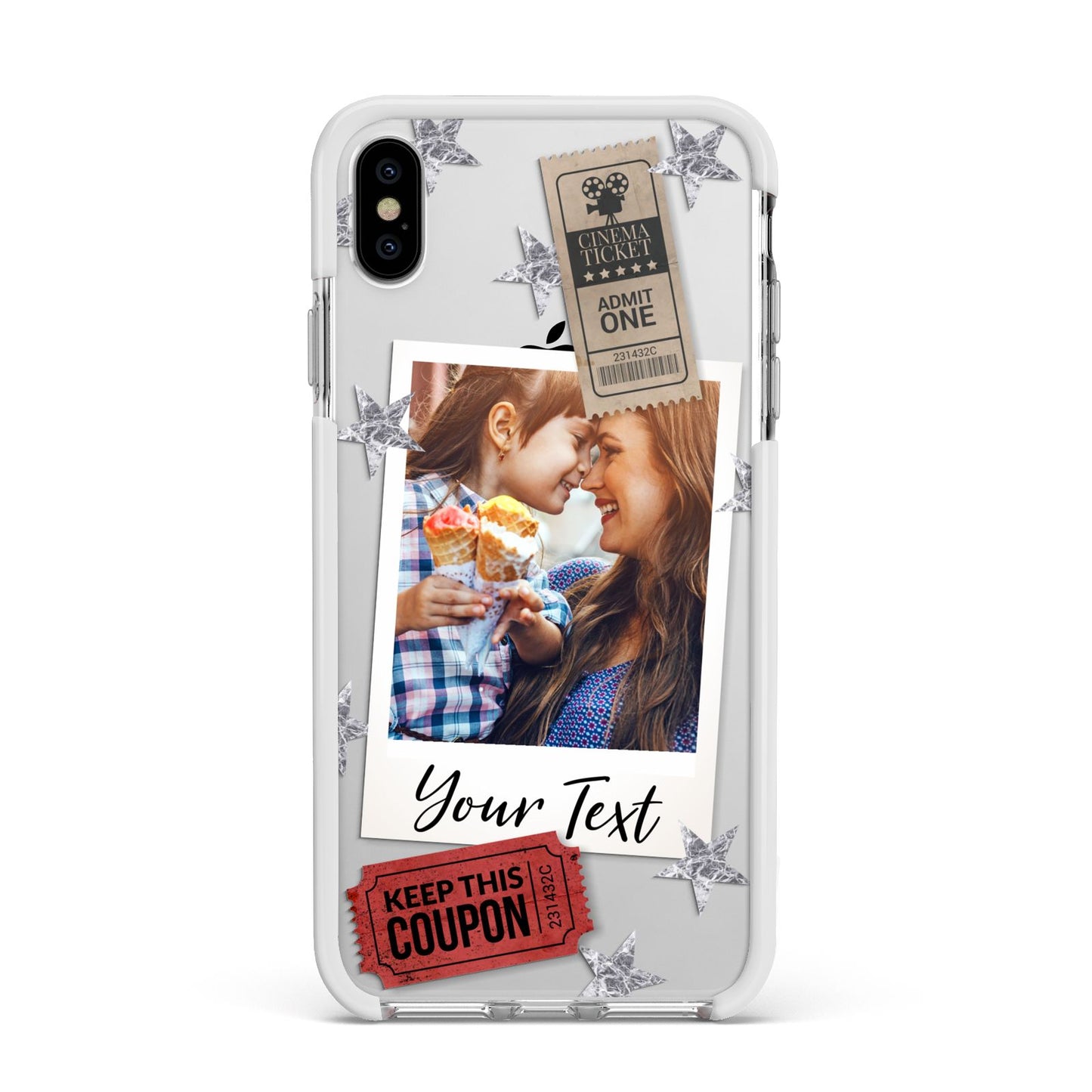 Photo with Text Star Pattern Apple iPhone Xs Max Impact Case White Edge on Silver Phone
