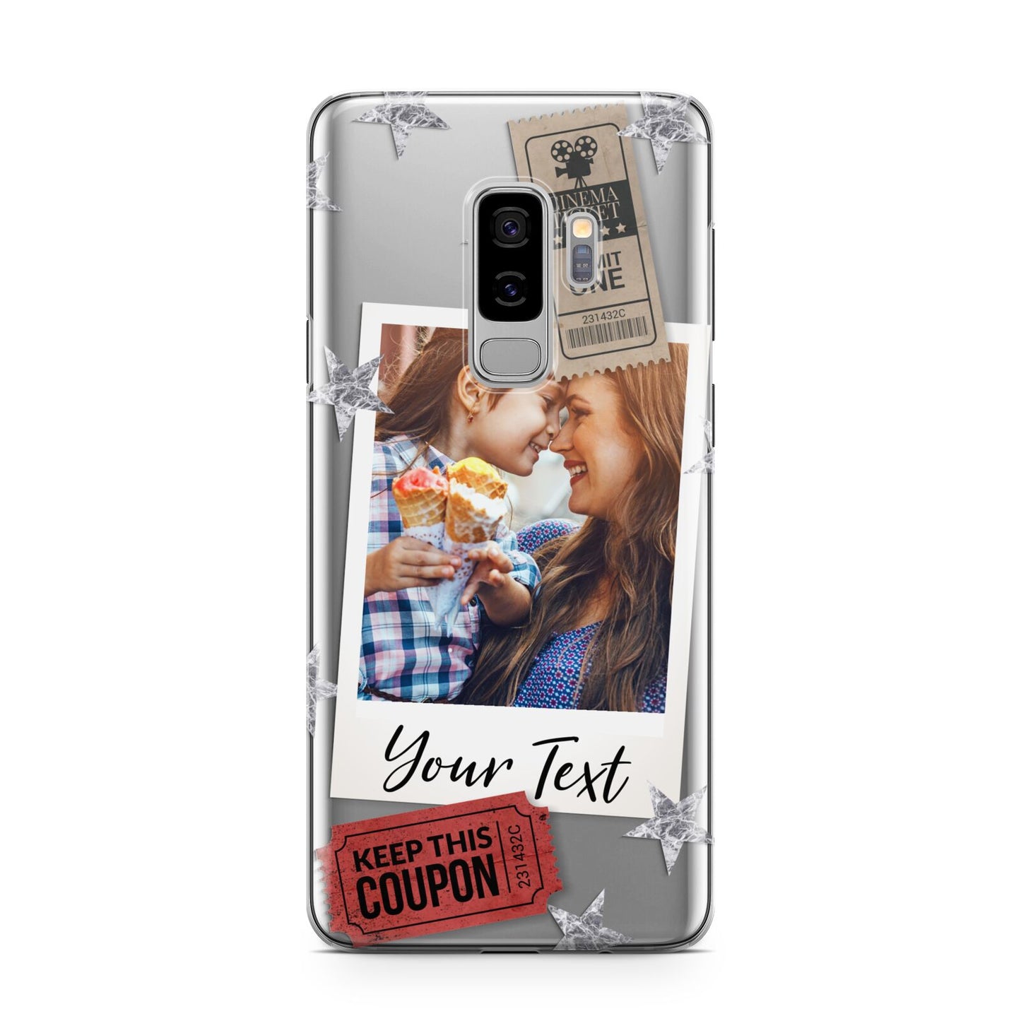 Photo with Text Star Pattern Samsung Galaxy S9 Plus Case on Silver phone