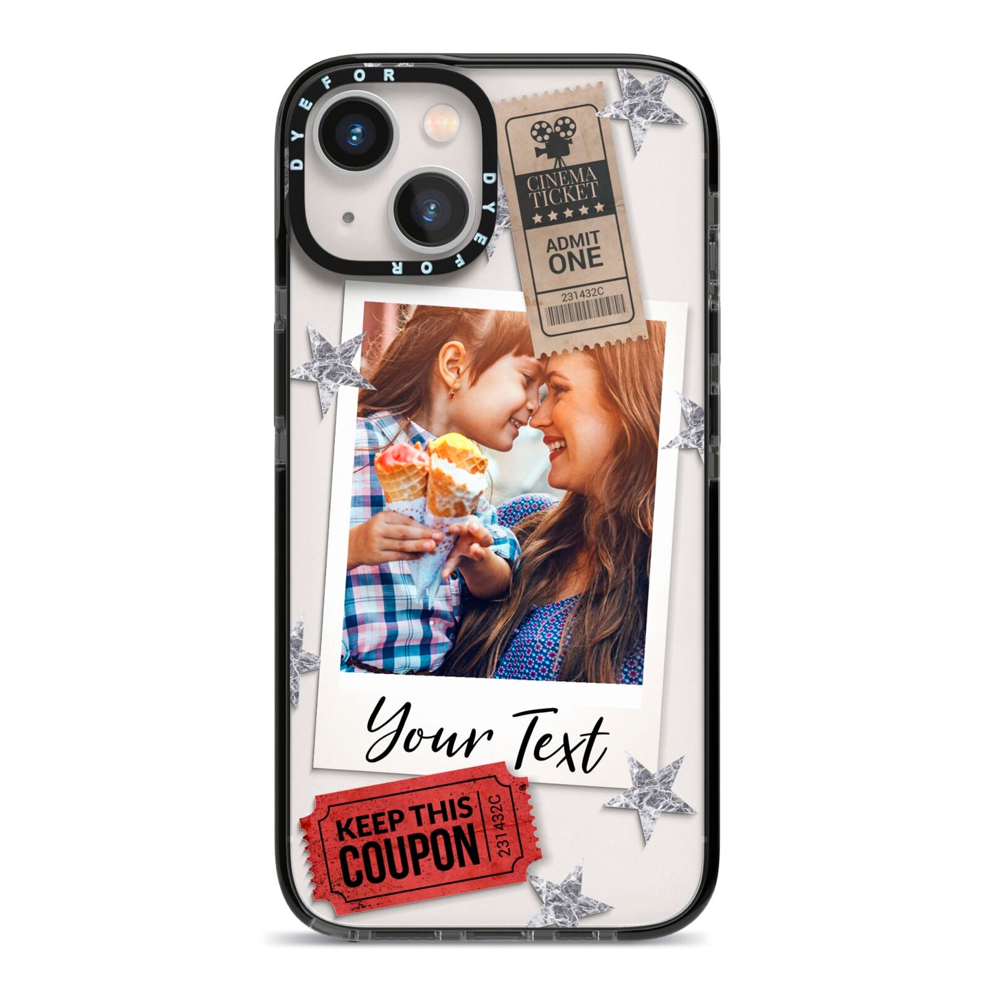Photo with Text Star Pattern iPhone 13 Black Impact Case on Silver phone