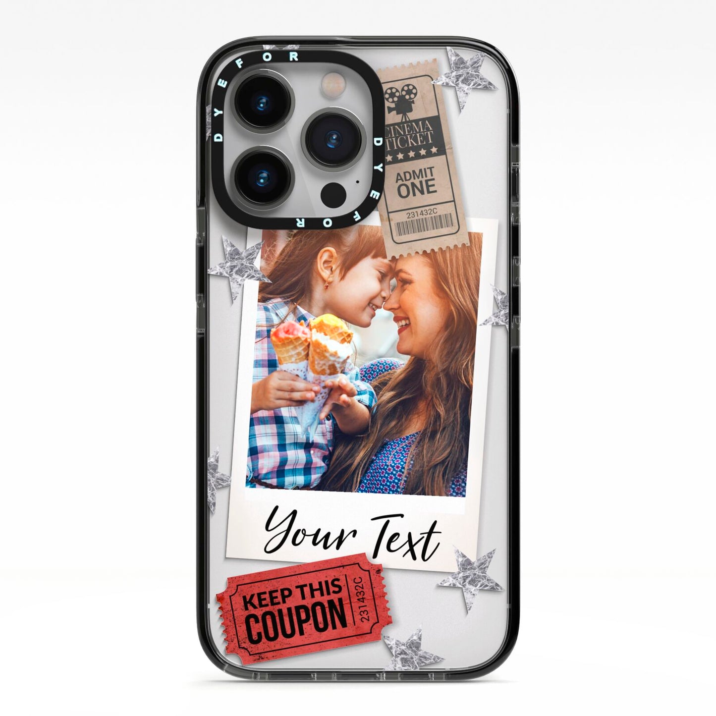 Photo with Text Star Pattern iPhone 13 Pro Black Impact Case on Silver phone