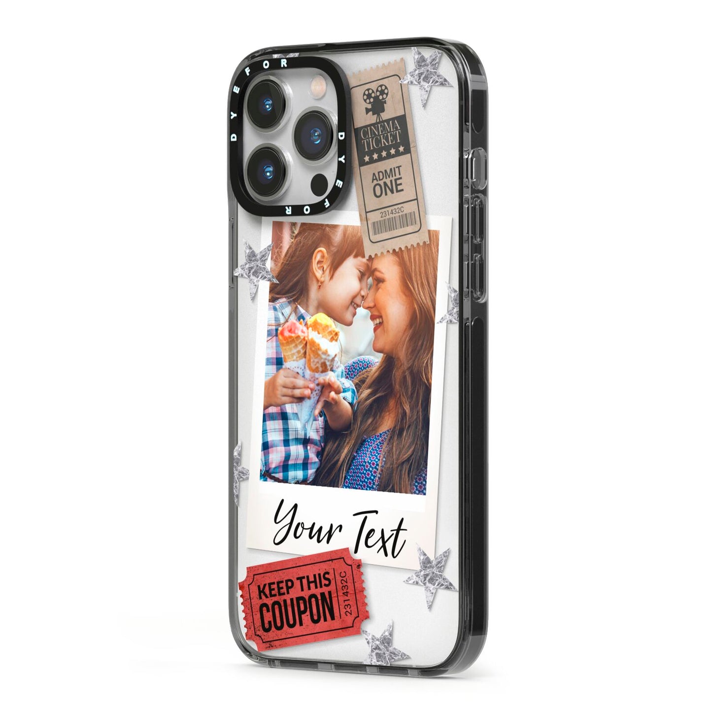 Photo with Text Star Pattern iPhone 13 Pro Max Black Impact Case Side Angle on Silver phone