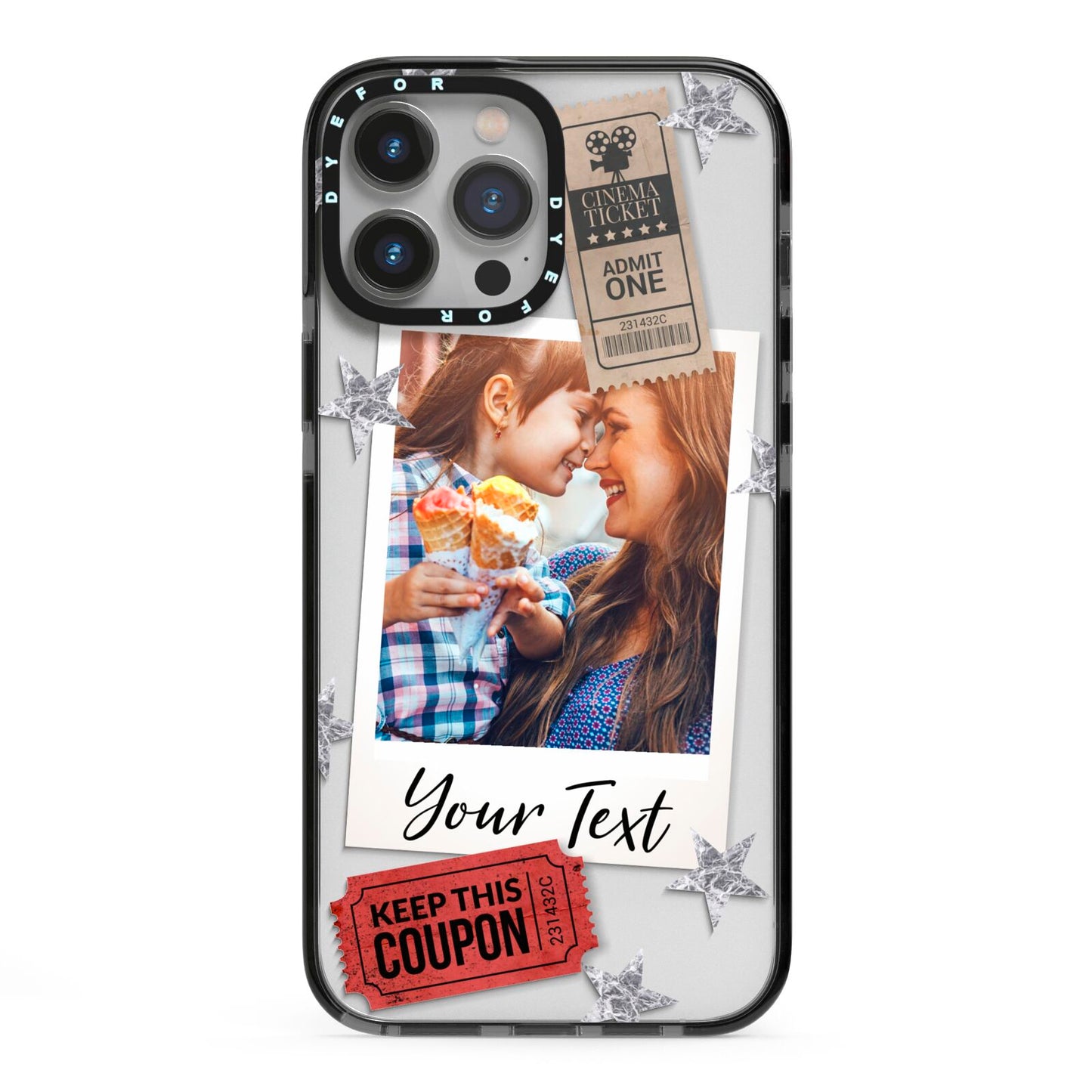 Photo with Text Star Pattern iPhone 13 Pro Max Black Impact Case on Silver phone