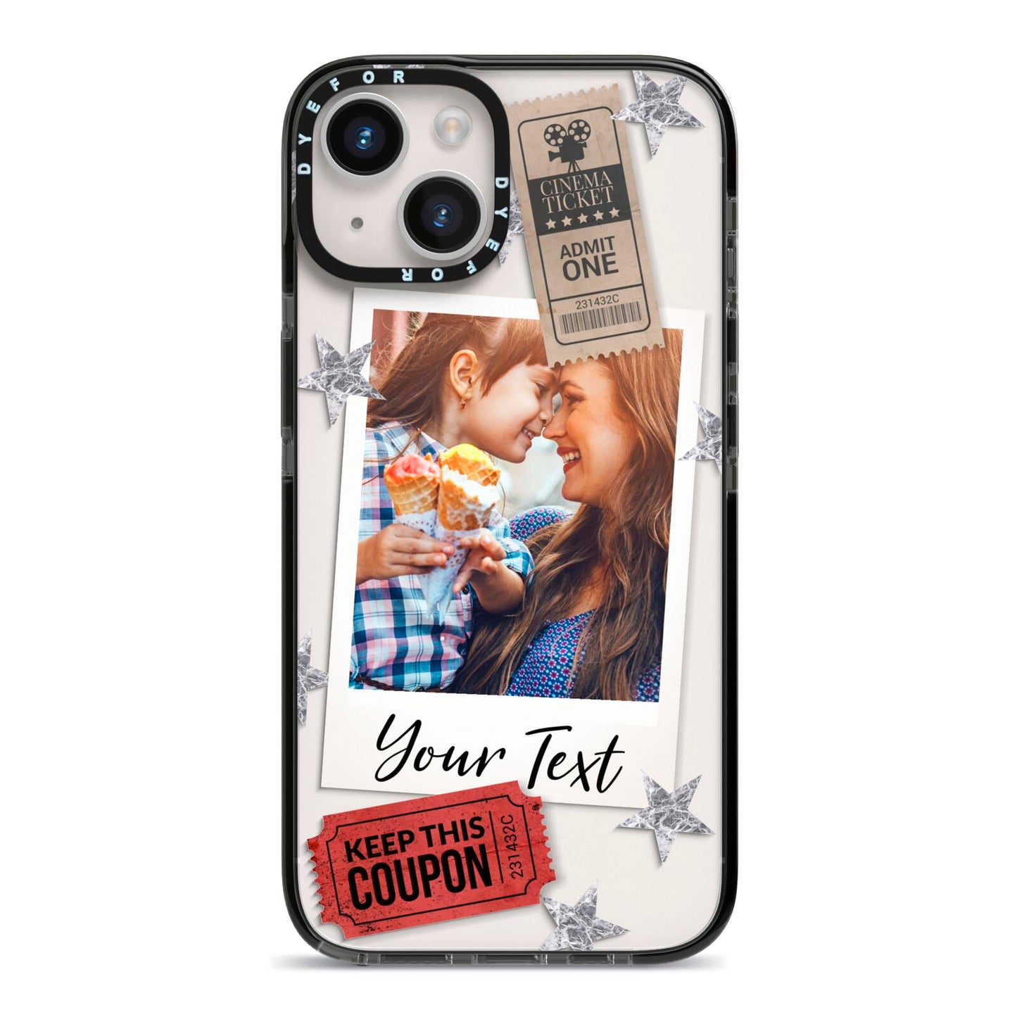 Photo with Text Star Pattern iPhone 14 Black Impact Case on Silver phone