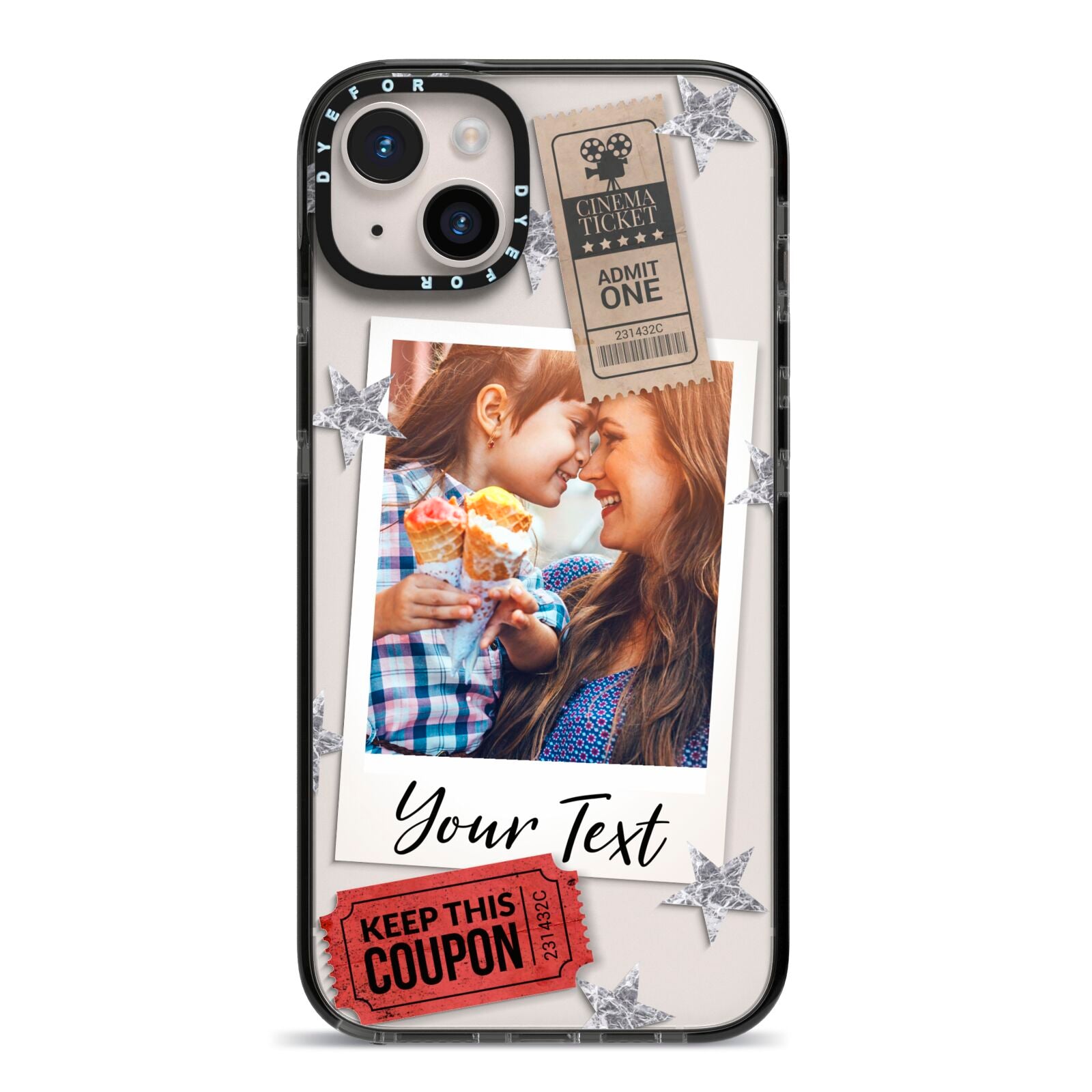 Photo with Text Star Pattern iPhone 14 Plus Black Impact Case on Silver phone