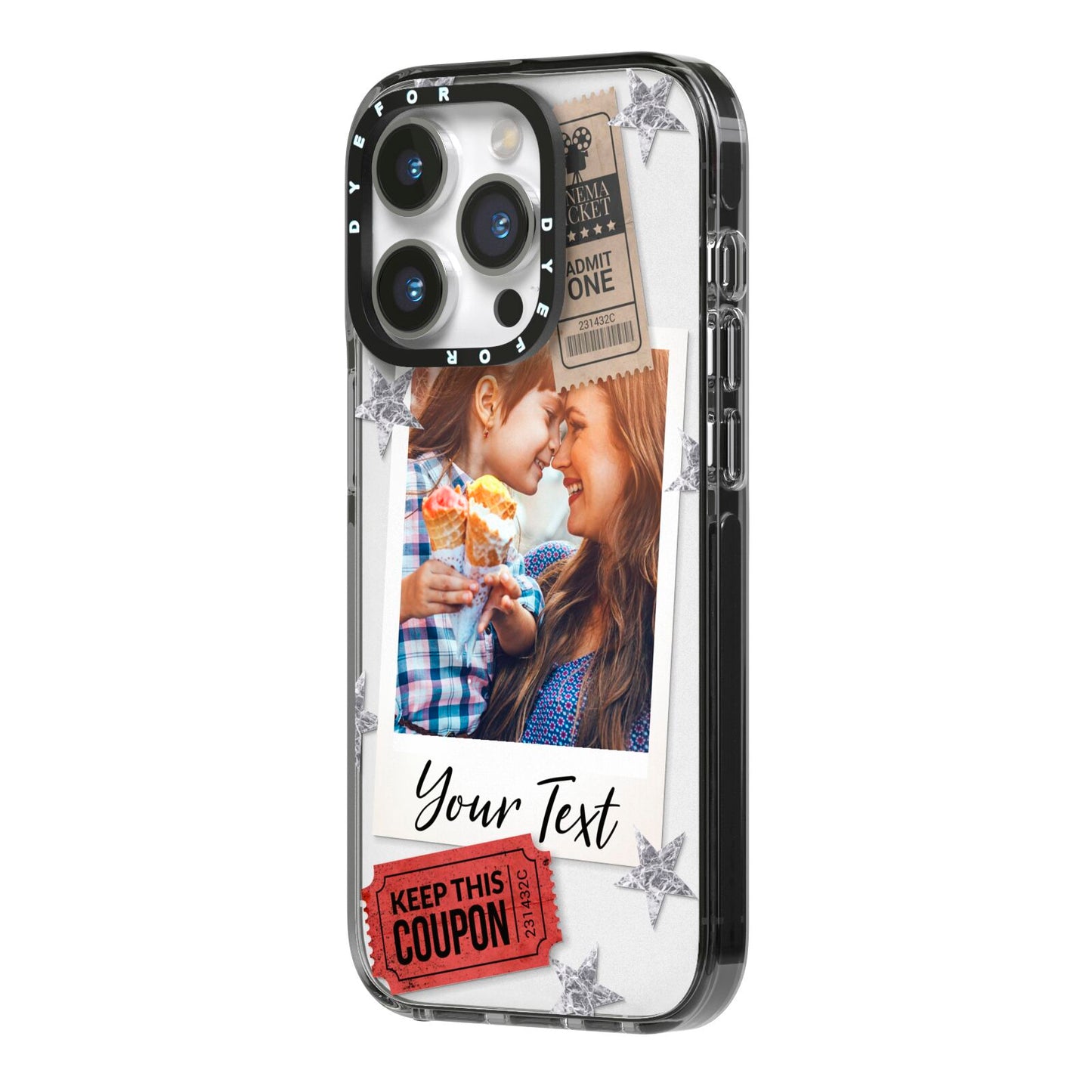 Photo with Text Star Pattern iPhone 14 Pro Black Impact Case Side Angle on Silver phone