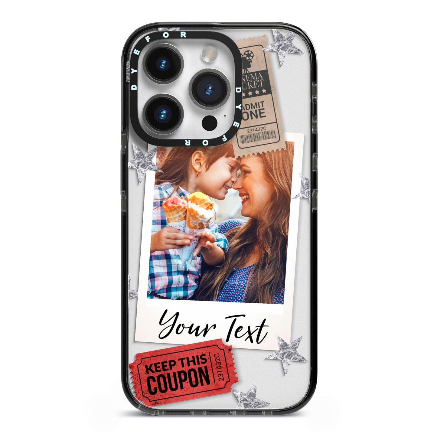 Photo with Text Star Pattern iPhone 14 Pro Black Impact Case on Silver phone