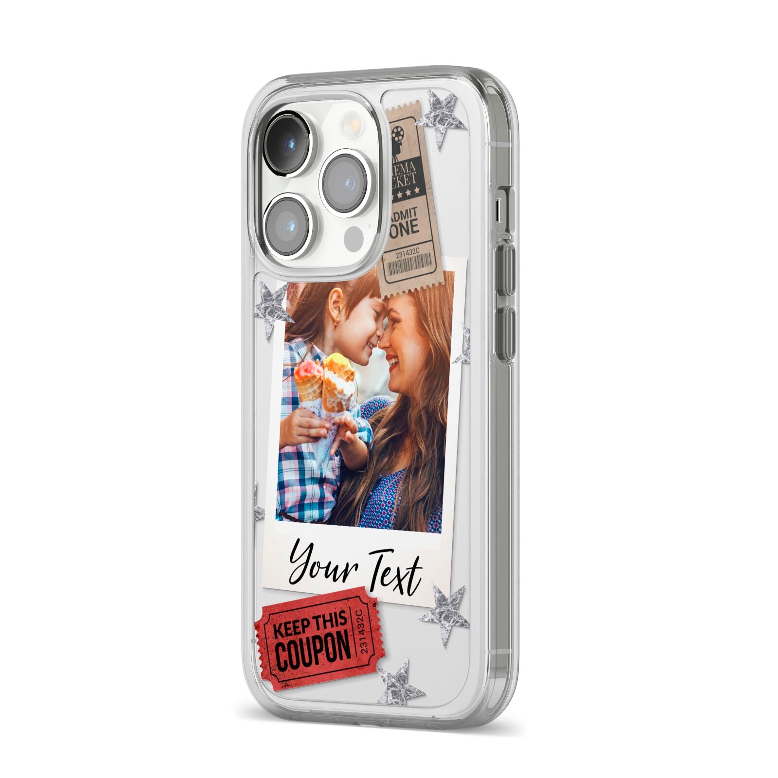 Photo with Text Star Pattern iPhone 14 Pro Clear Tough Case Silver Angled Image