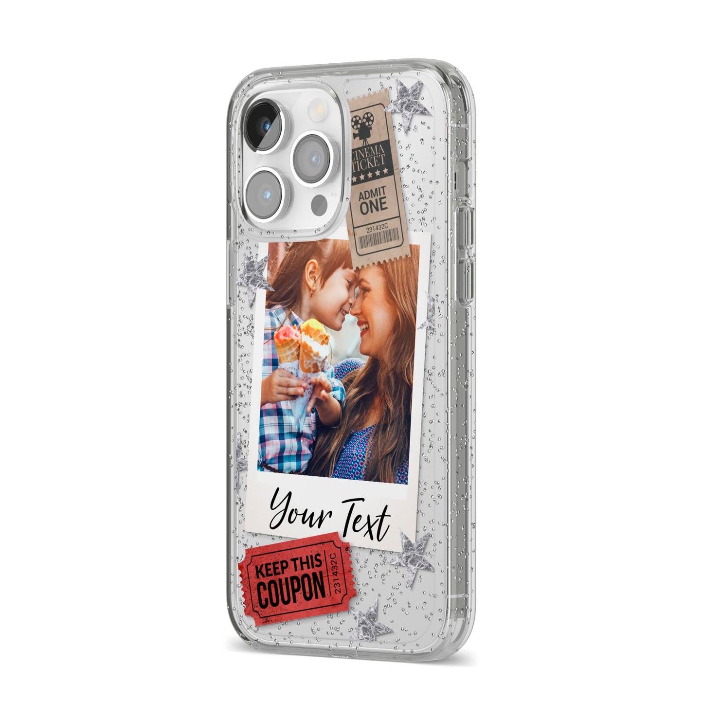 Photo with Text Star Pattern iPhone 14 Pro Max Glitter Tough Case Silver Angled Image