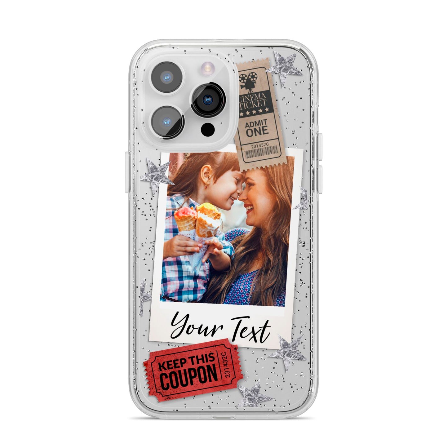 Photo with Text Star Pattern iPhone 14 Pro Max Glitter Tough Case Silver