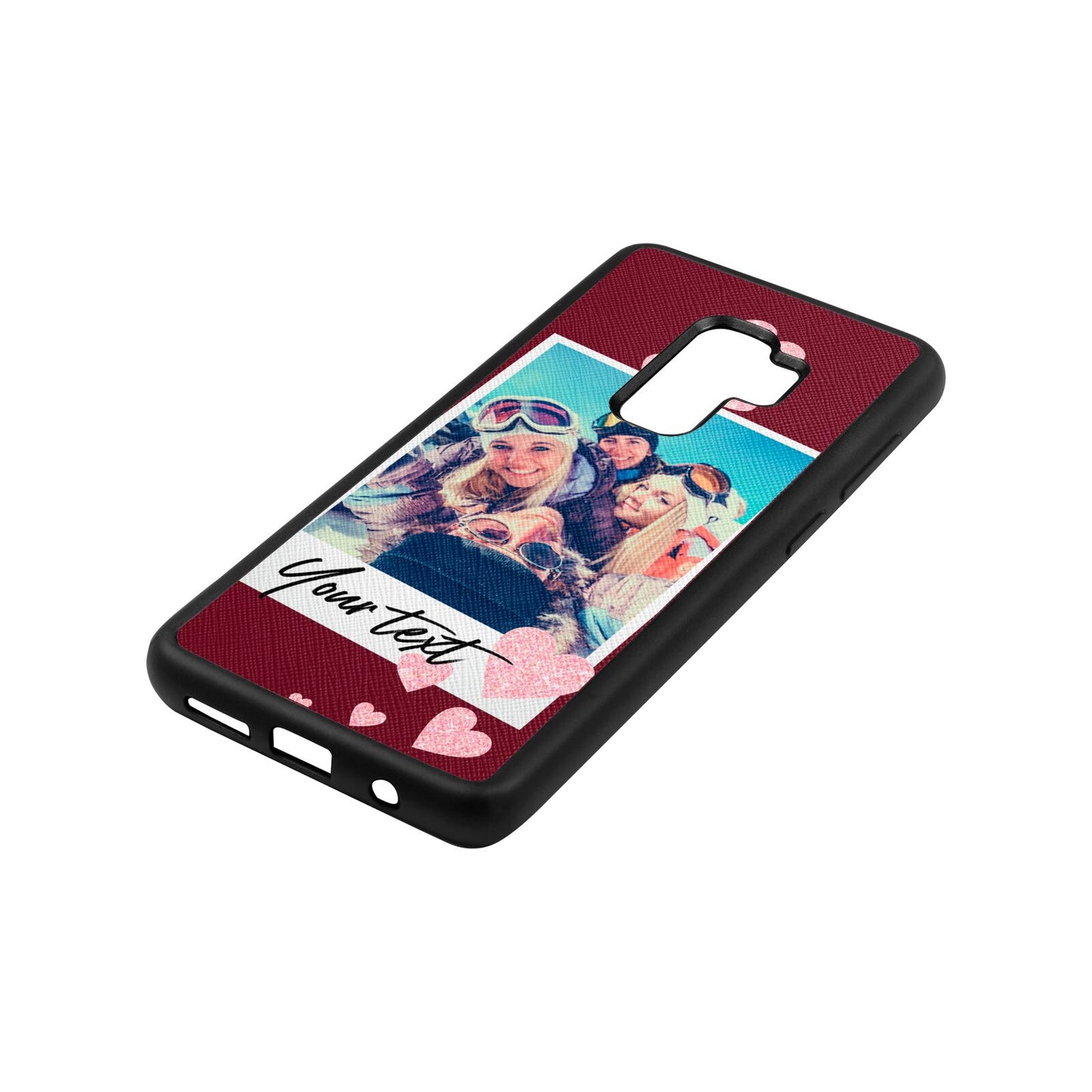 Photo with Text Wine Red Saffiano Leather Samsung S9 Plus Case Side Angle